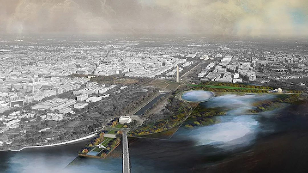 Aerial rendering of a large scale planning project along a waterfront.