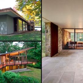 A composite image featuring photos of three houses: the Celanese House designed by Edward Durrell Stone, the Chivvis House designed by Eliot Noyes with an addition by Alan Goldberg, and the Boissonais House designed by Philip Johnson.