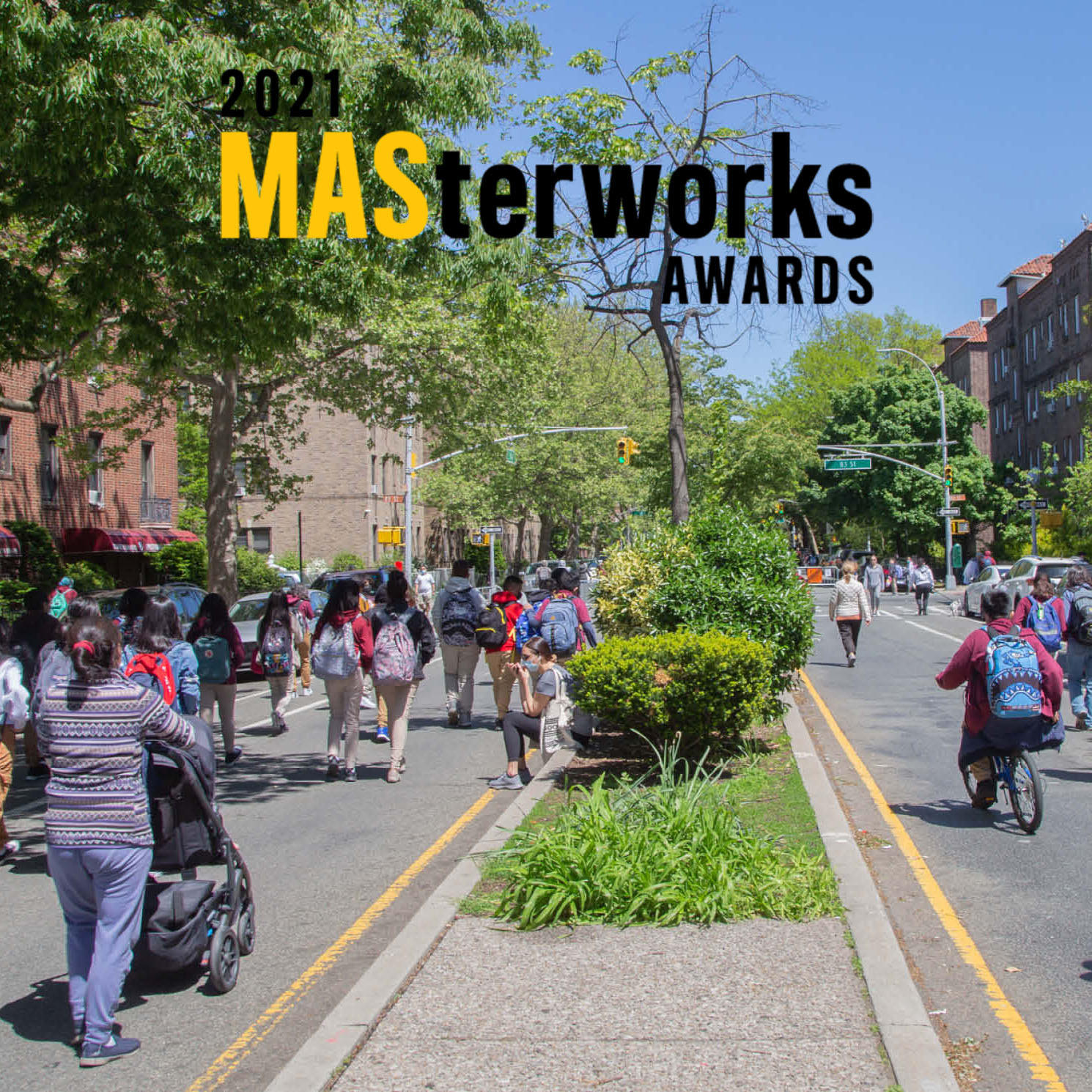 Photo of pedestrians and cyclists circulating on an open street, with the MASterworks Explorations logo superimposed over the image.