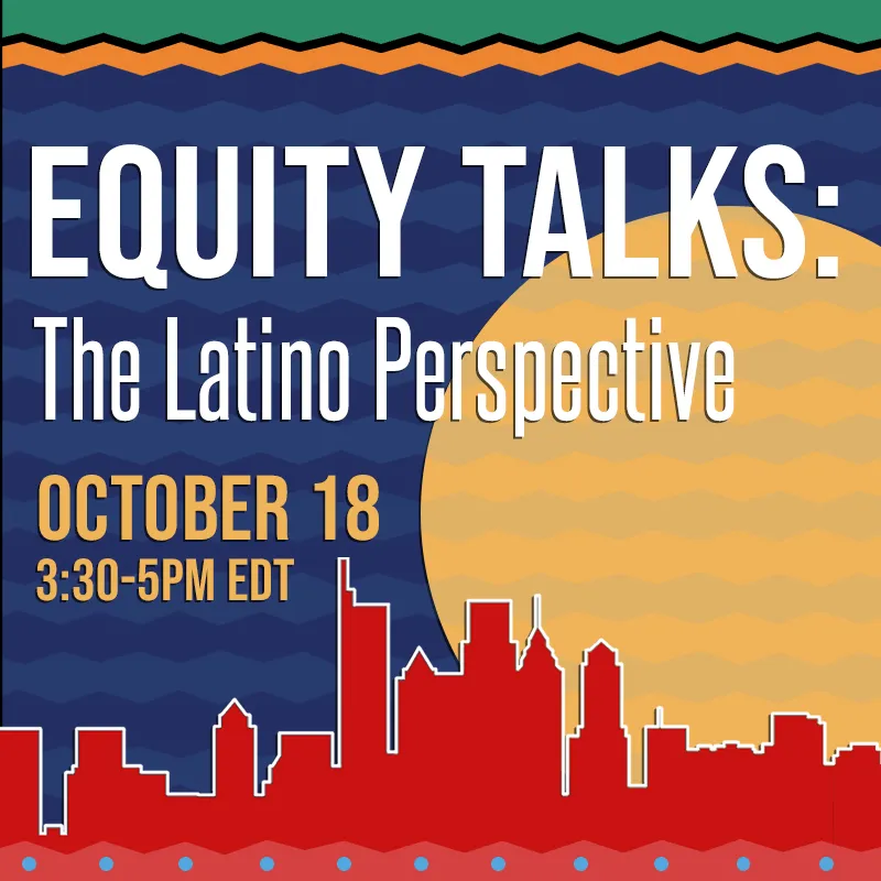 Promotional image for the Equity Talks event with a skyline rendered in red and a big yellow sun in the background. 