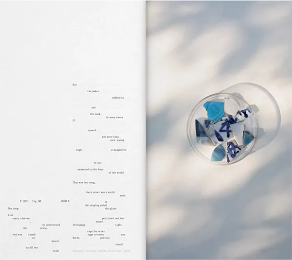 Open pages of The Book of Hours. Left page has poetry, right page shows a photo of chipped blue tiles in a clear bowl.