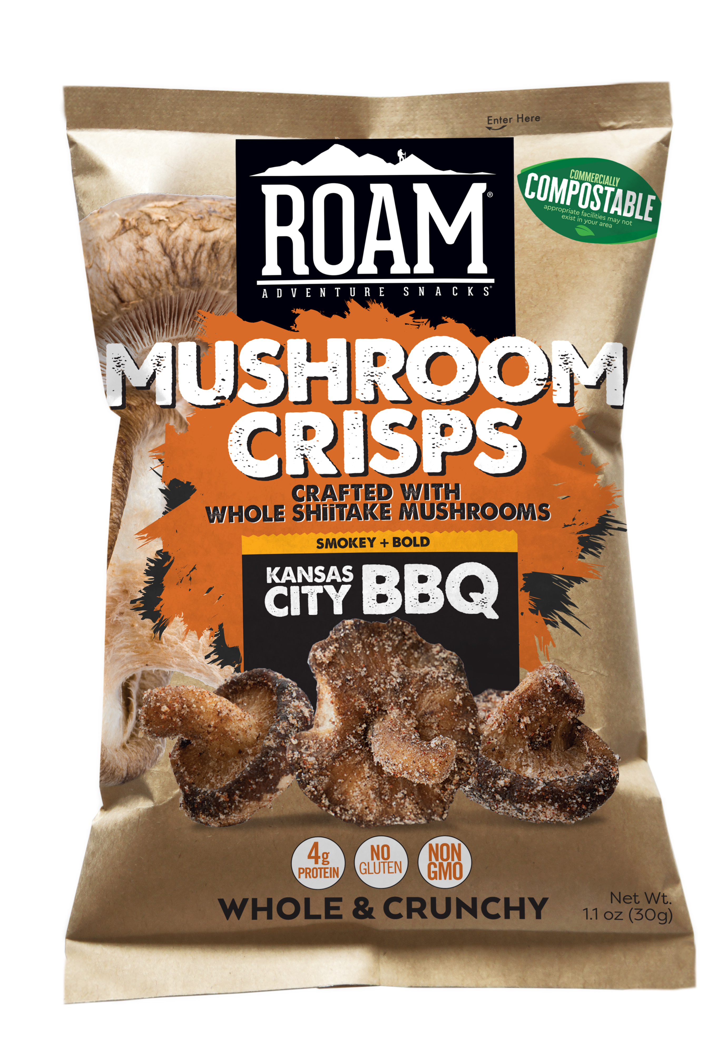 Bag of ROAM bbq mushroom crisps snack