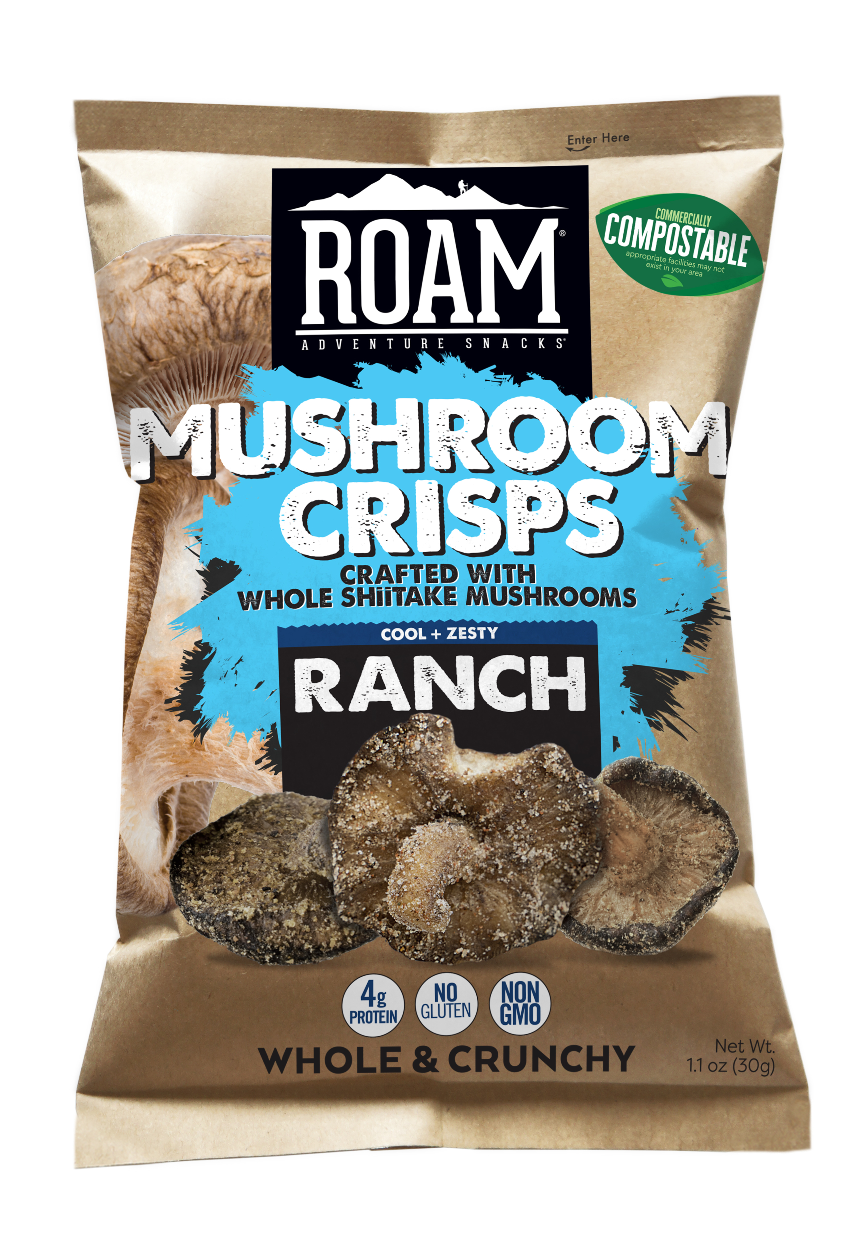 Bag of ROAM ranch mushroom crisps snack