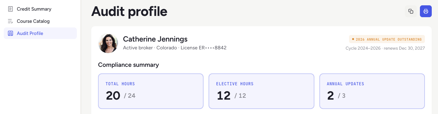 Sceenshot of Catherine's audit profile