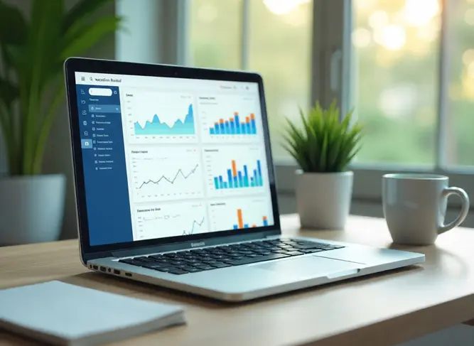 hotel data on a laptop in an office