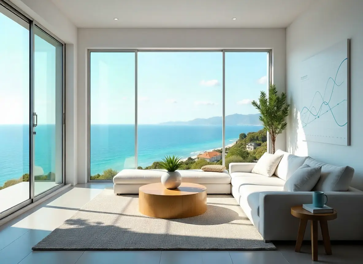 3D rendered vacation rental with an ocean view