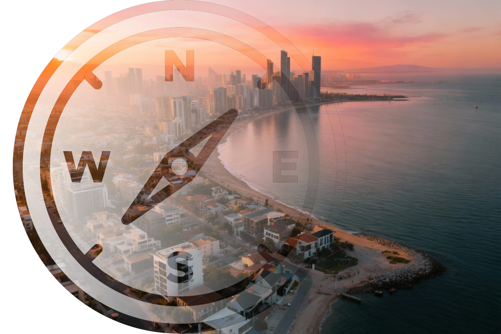 compas icon overlay an oceanside city