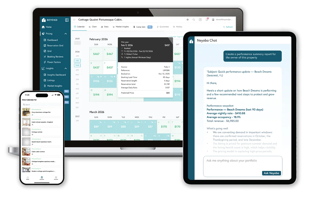 Beyond STR revenue management software dashboard on desktop, tablet and mobile