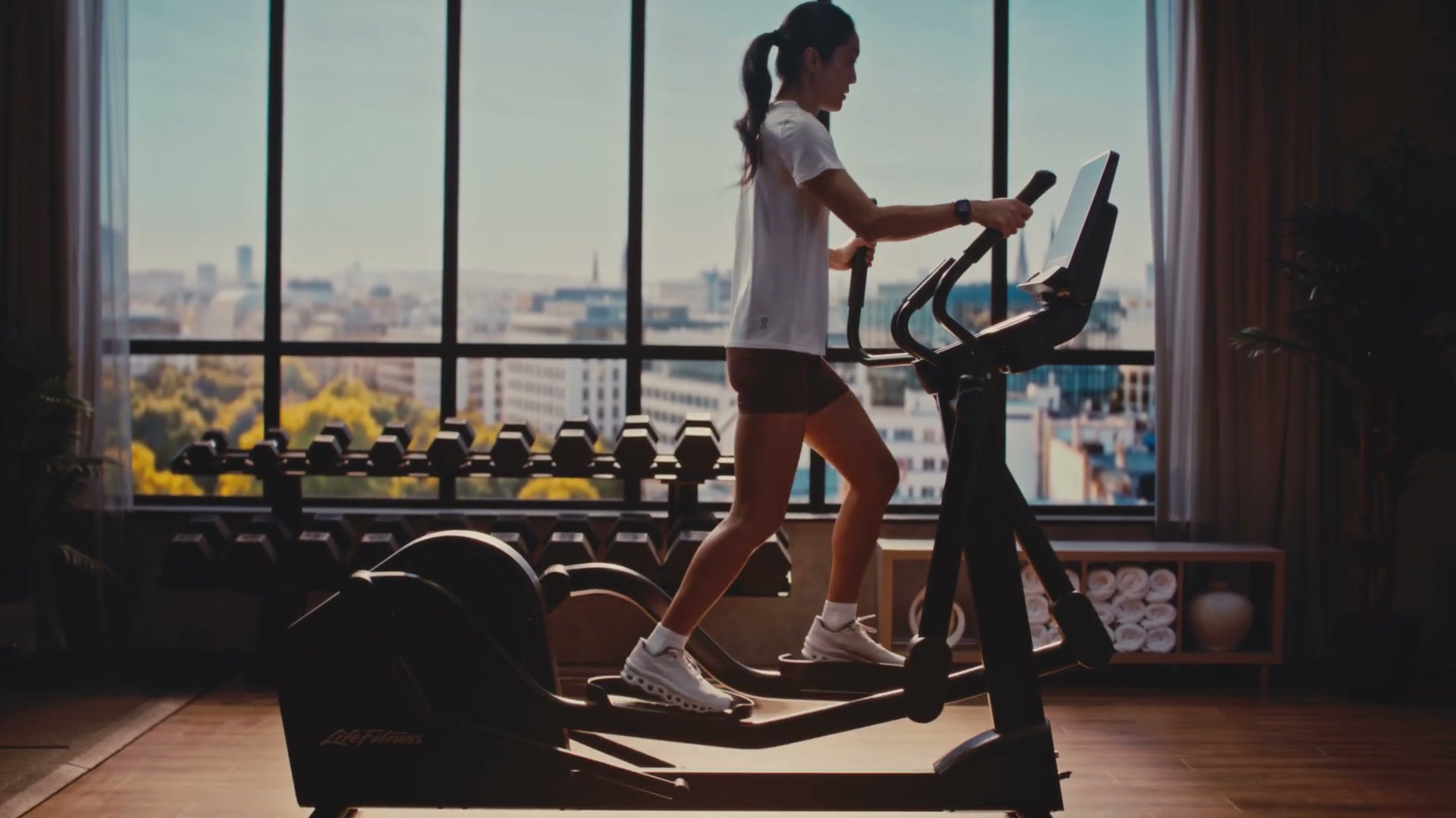Life Fitness Atmos elliptical lifestyle frame on the hotel-gym set