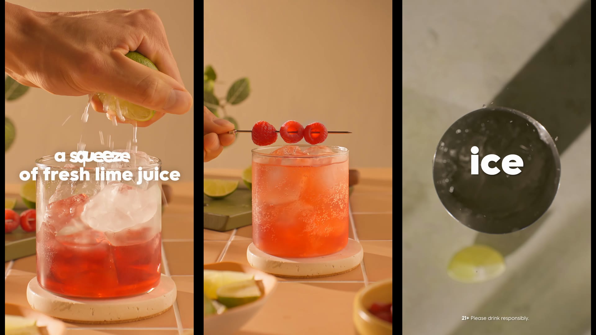 Macro details. Lime squeeze, raspberry skewer, top-down cocktail tin.