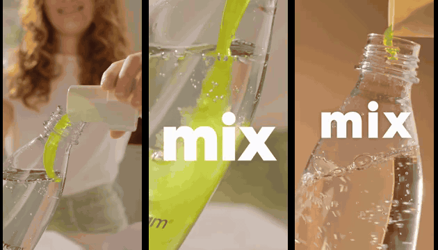 Syrup-pour beat. The SodaStream signature moment in three variations.