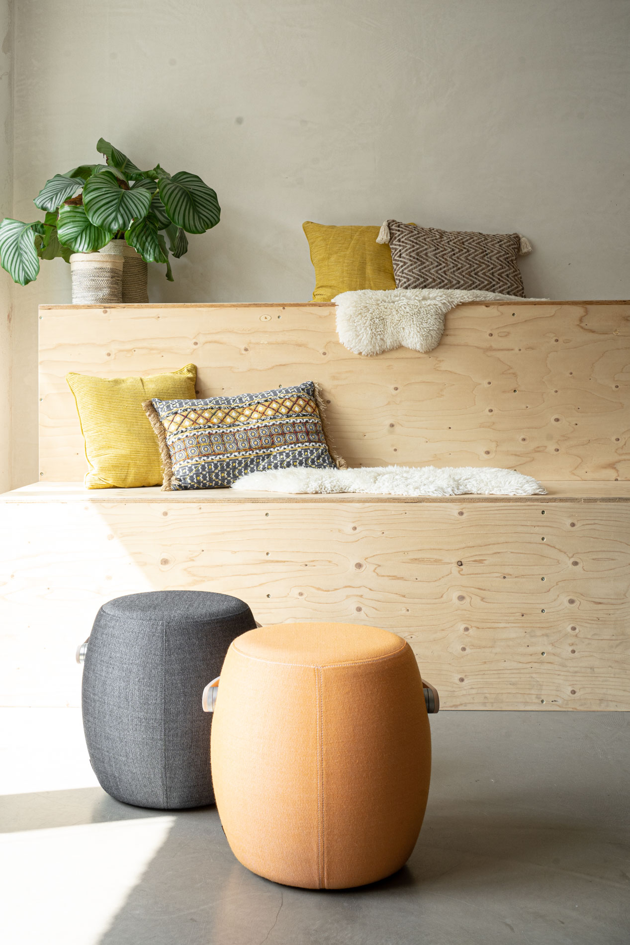 Podest aus Kiefernholz mit Pflanzen und Kissen in Kombination mit Carry On von Offecct