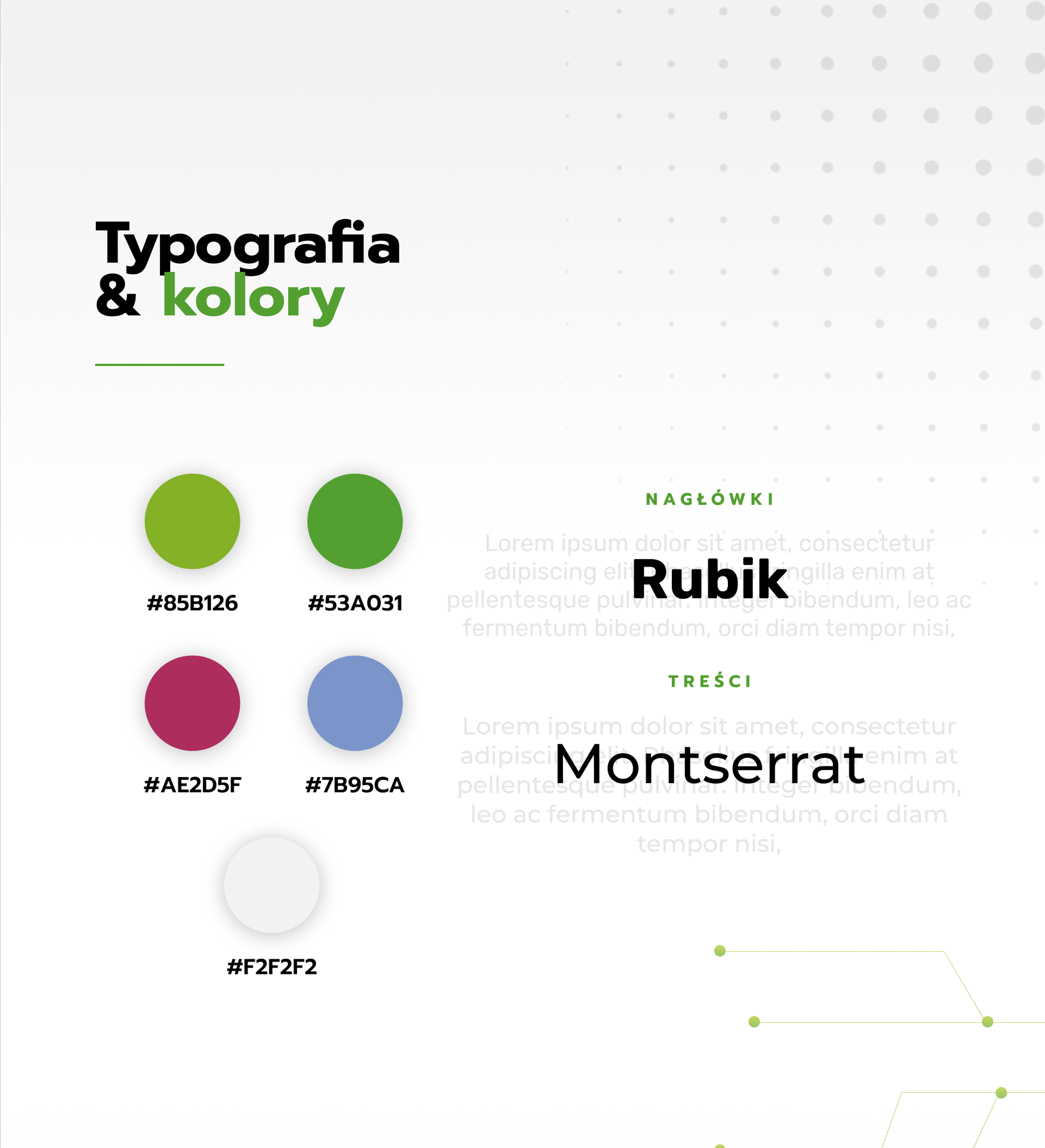 Typografia & kolory: pięć próbek kolorów z kodami (#85B126, #53A031, #AE2D5F, #7B95CA, #F2F2F2) oraz nazwy fontów „Rubik” dla nagłówków i „Montserrat” dla treści.