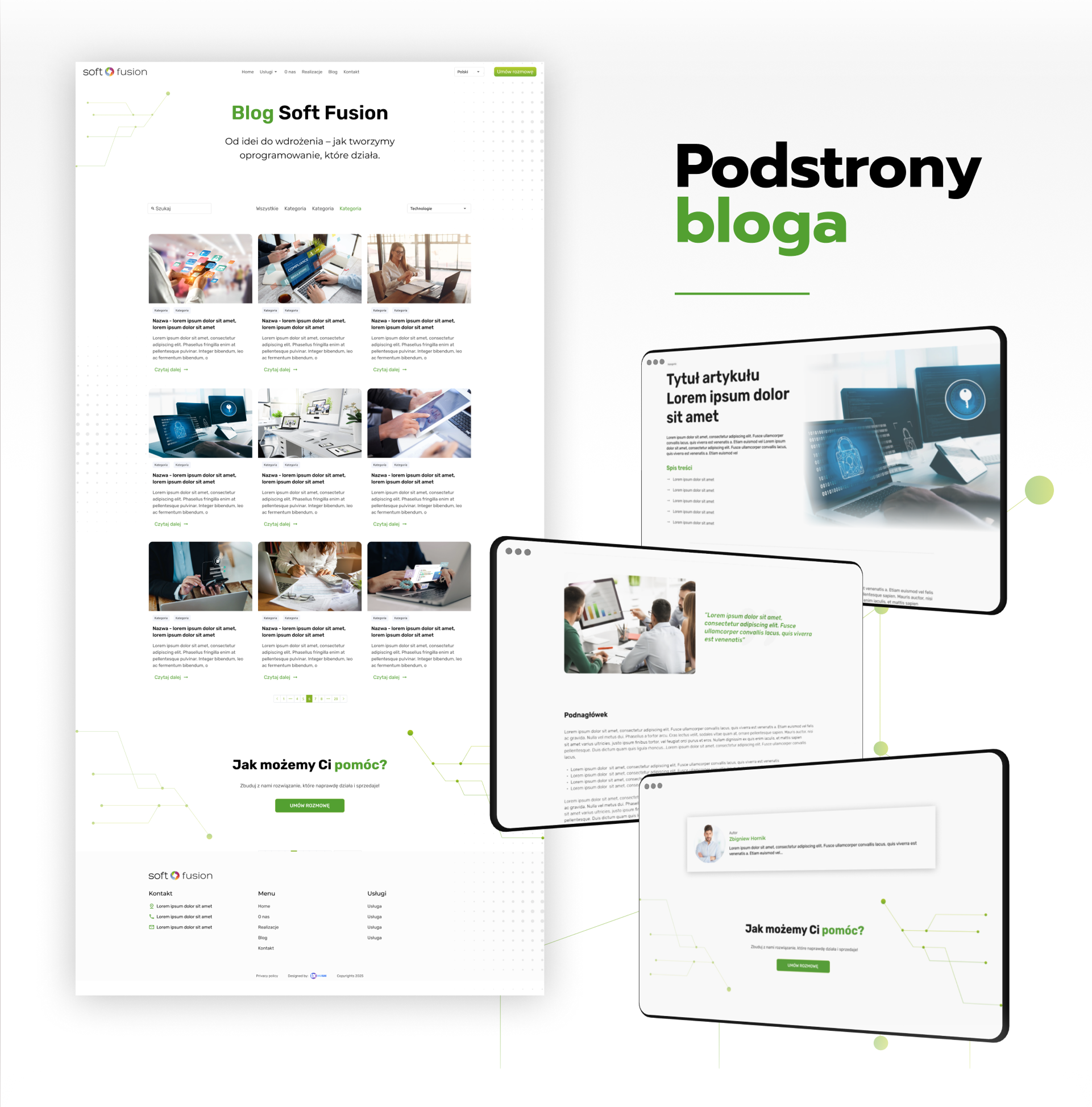 Podstrony bloga: duża makieta strony bloga z siatką wpisów oraz trzy mniejsze okna z widokiem artykułu, spisem treści i bio autora.