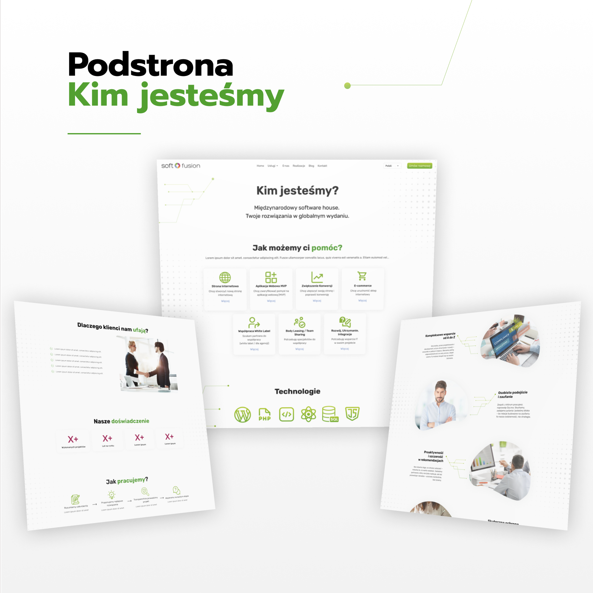 Podstrona Kim jesteśmy: główna makieta przeglądarki z pytaniem „Kim jesteśmy?” i ikonami technologii u dołu, po bokach dwa mniejsze okna z przykładami treści „Dlaczego klienci nam ufają?” i „Kompleksowe wsparcie od A do Z”.