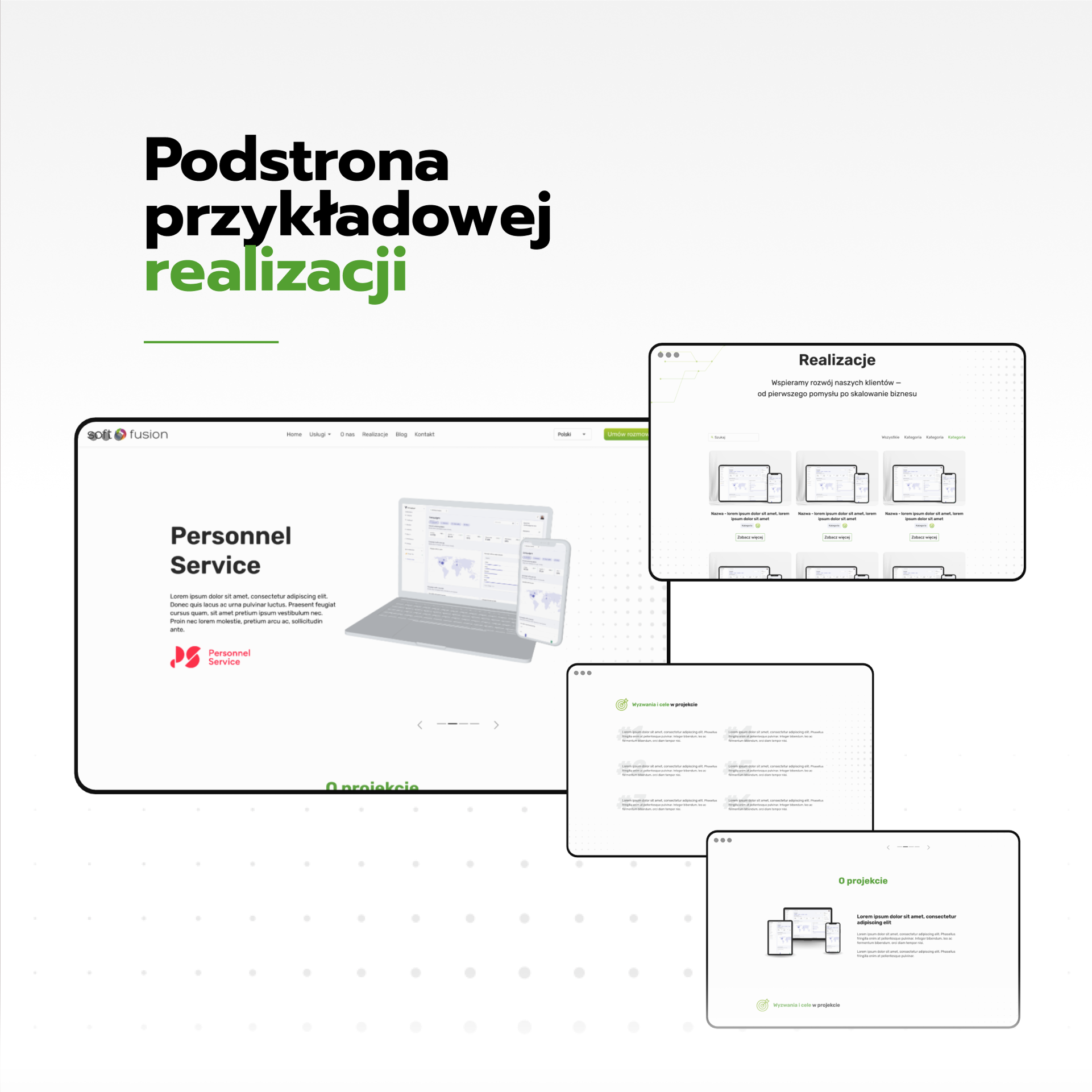 Podstrona przykładowej realizacji: główne okno z projektem „Personnel Service” i trzema mniejszymi oknami z listą realizacji, celami i opisem projektu.