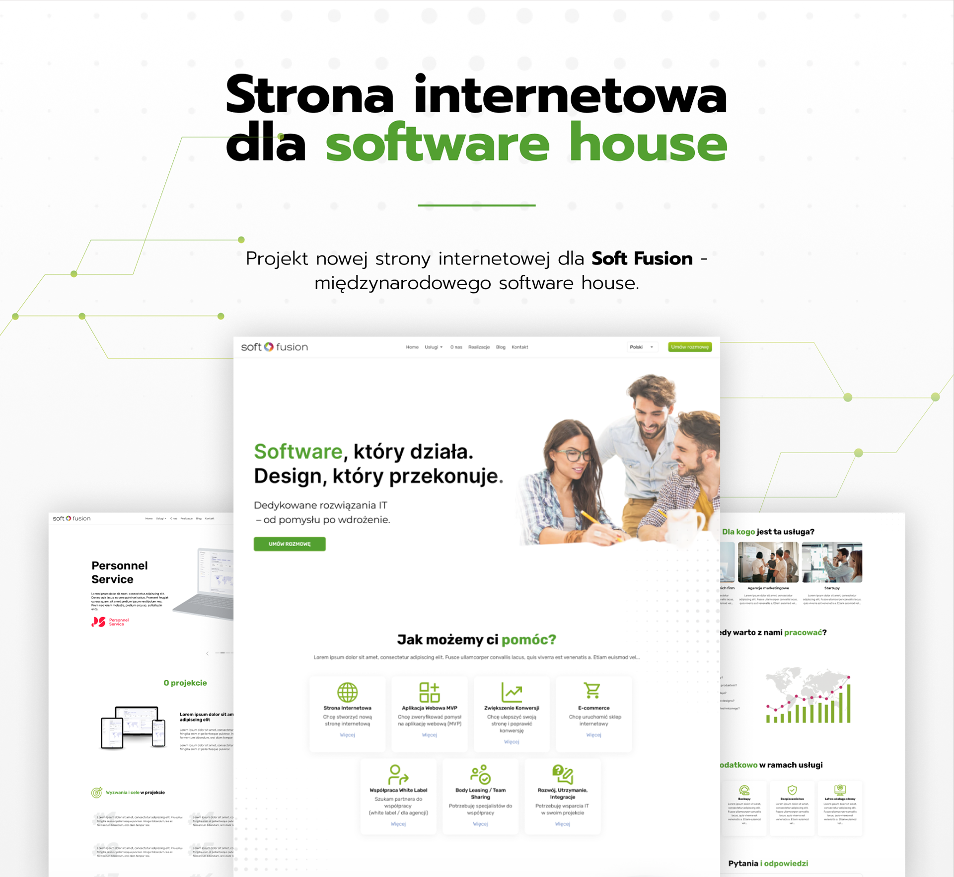 Makieta strony Soft Fusion: hero z nagłówkiem „Strona internetowa dla software house”, podtytułem o międzynarodowym software house oraz zrzut ekranu głównej sekcji UX/UI z ikonami usług.