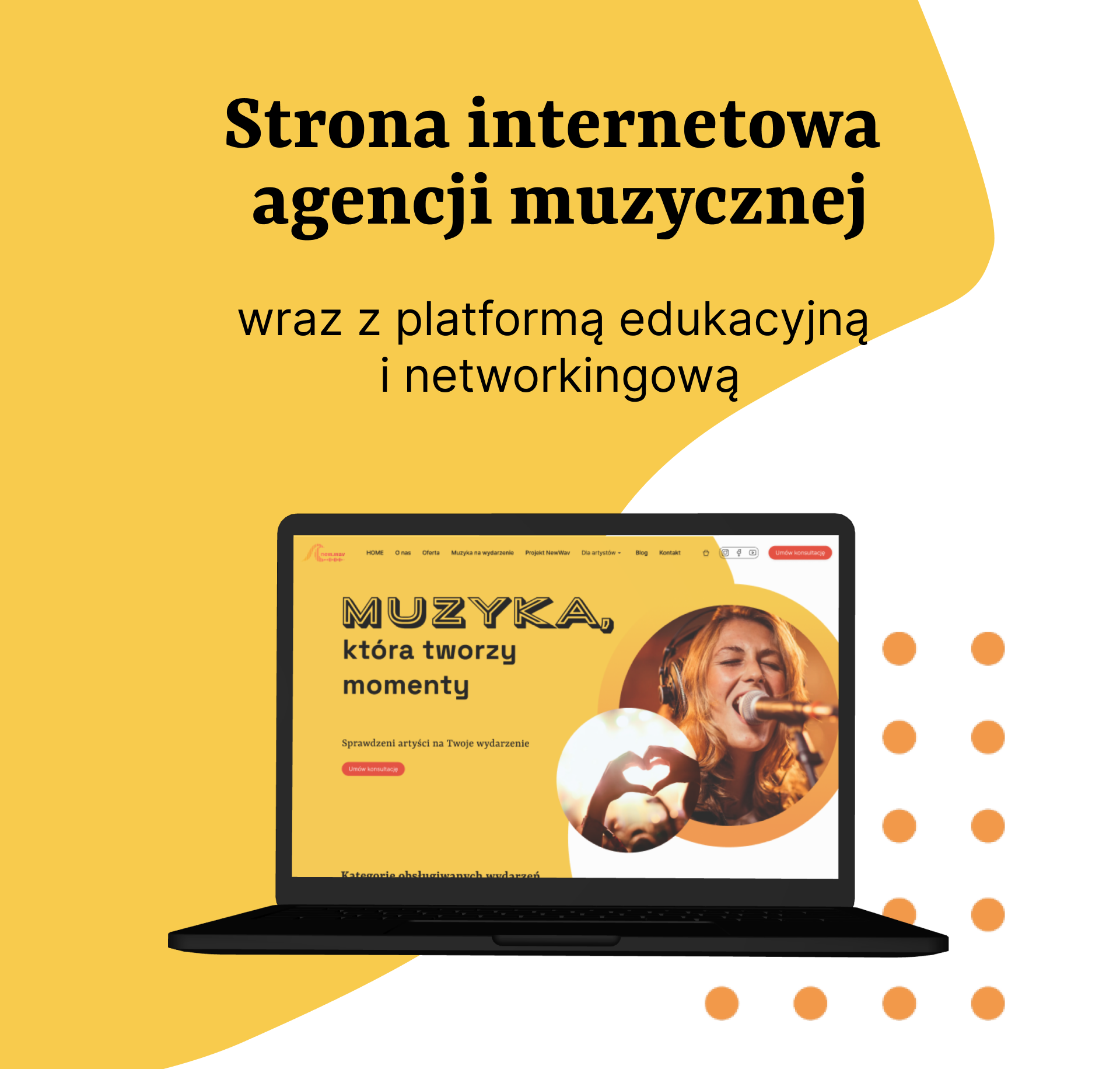 Makieta Strony Internetowej – projekt UX/UI dla agencji muzycznej New\.Wav pokazany na ekranie laptopa | UX-MAN