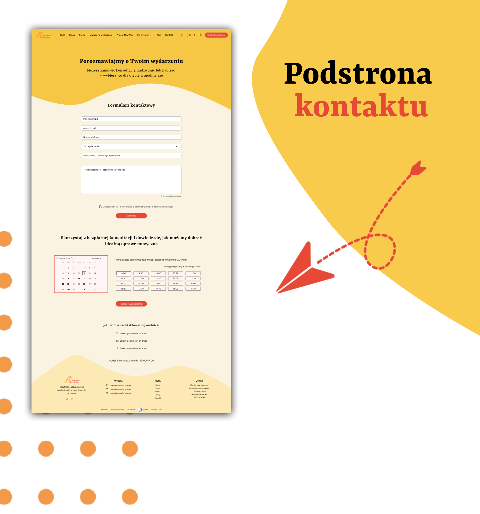 Podstrona kontaktu – makieta UX/UI strony internetowej agencji muzycznej New.Wav. Formularz kontaktowy, kalendarz konsultacji i dane adresowe w czytelnym układzie | UX-MAN