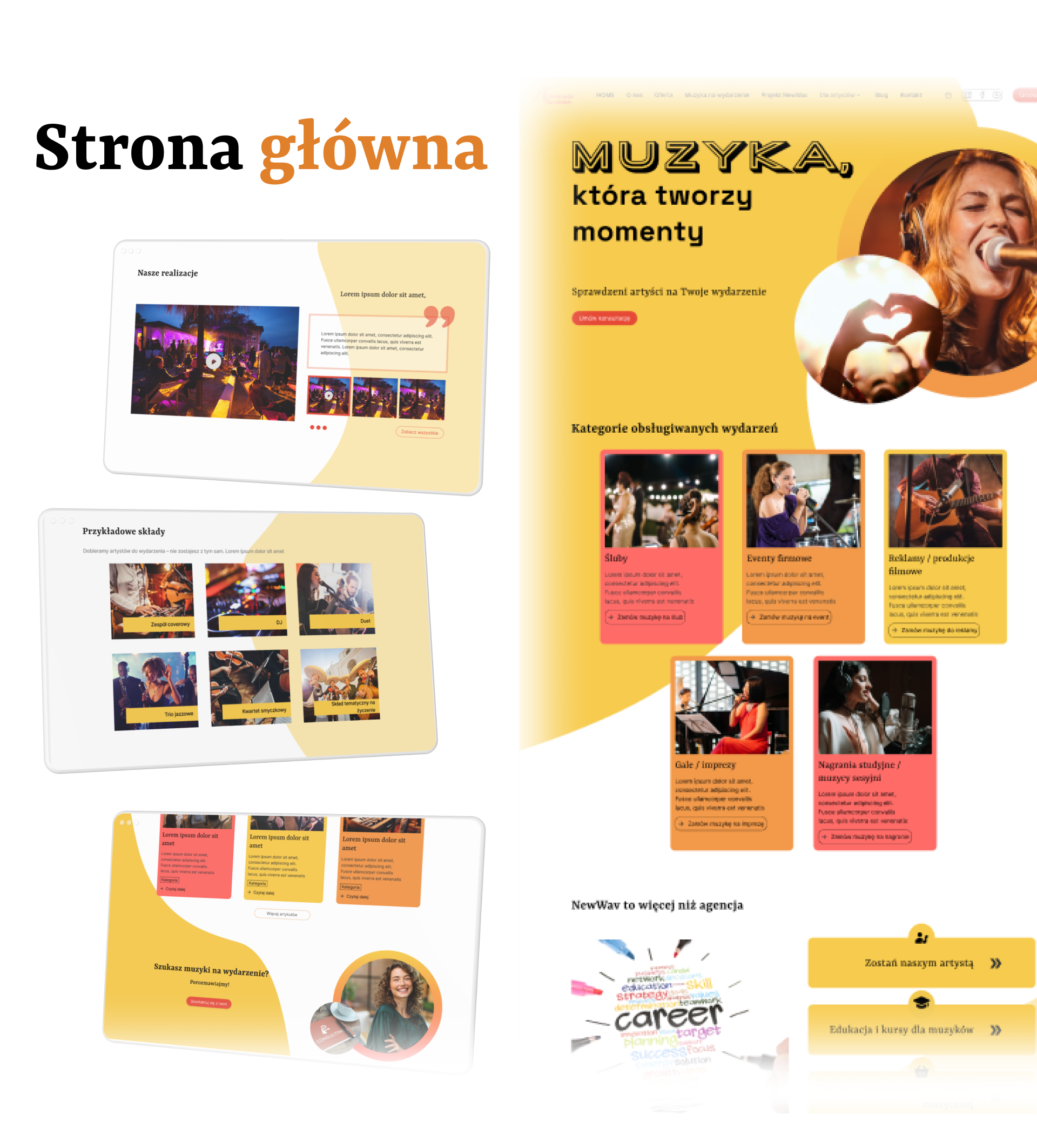 Strona główna projektu UX/UI dla agencji muzycznej New\.Wav – nowoczesny design, sekcje z kategoriami wydarzeń, przykładowymi składami i ofertą edukacyjną | UX-MAN