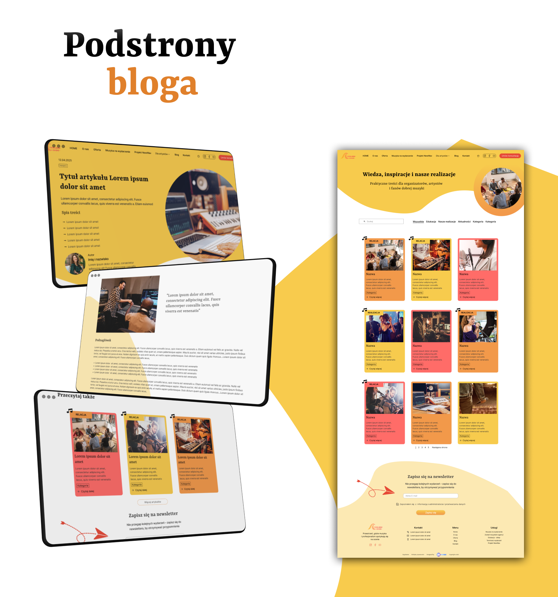 Podstrony bloga – projekt UX/UI dla agencji muzycznej New\.Wav. Layout wspiera SEO i WCAG: wyróżnione nagłówki, listy treści, sekcje „przeczytaj także” i newsletter, które poprawiają użyteczność, dostępność i widoczność treści w wyszukiwarkach | UX-MAN