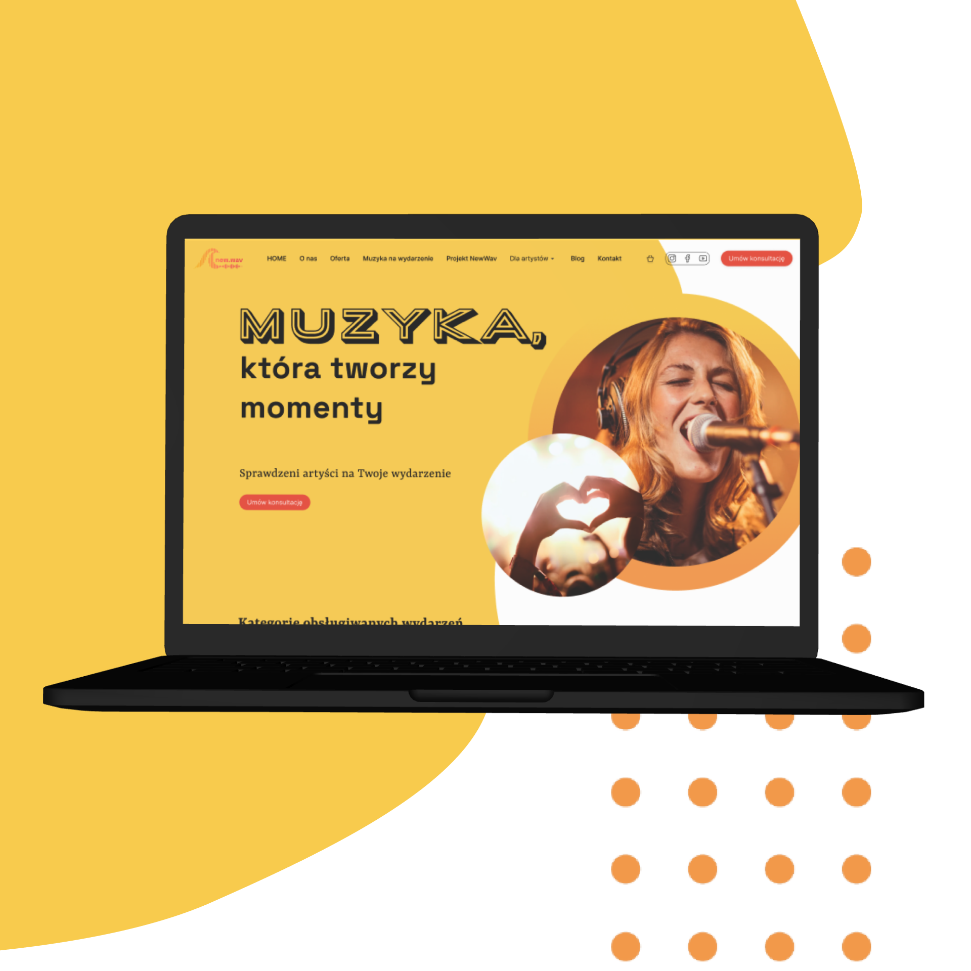 Makieta UX/UI strony internetowej agencji muzycznej New\.Wav – strona główna z sekcją hero i wezwaniem do umówienia konsultacji.