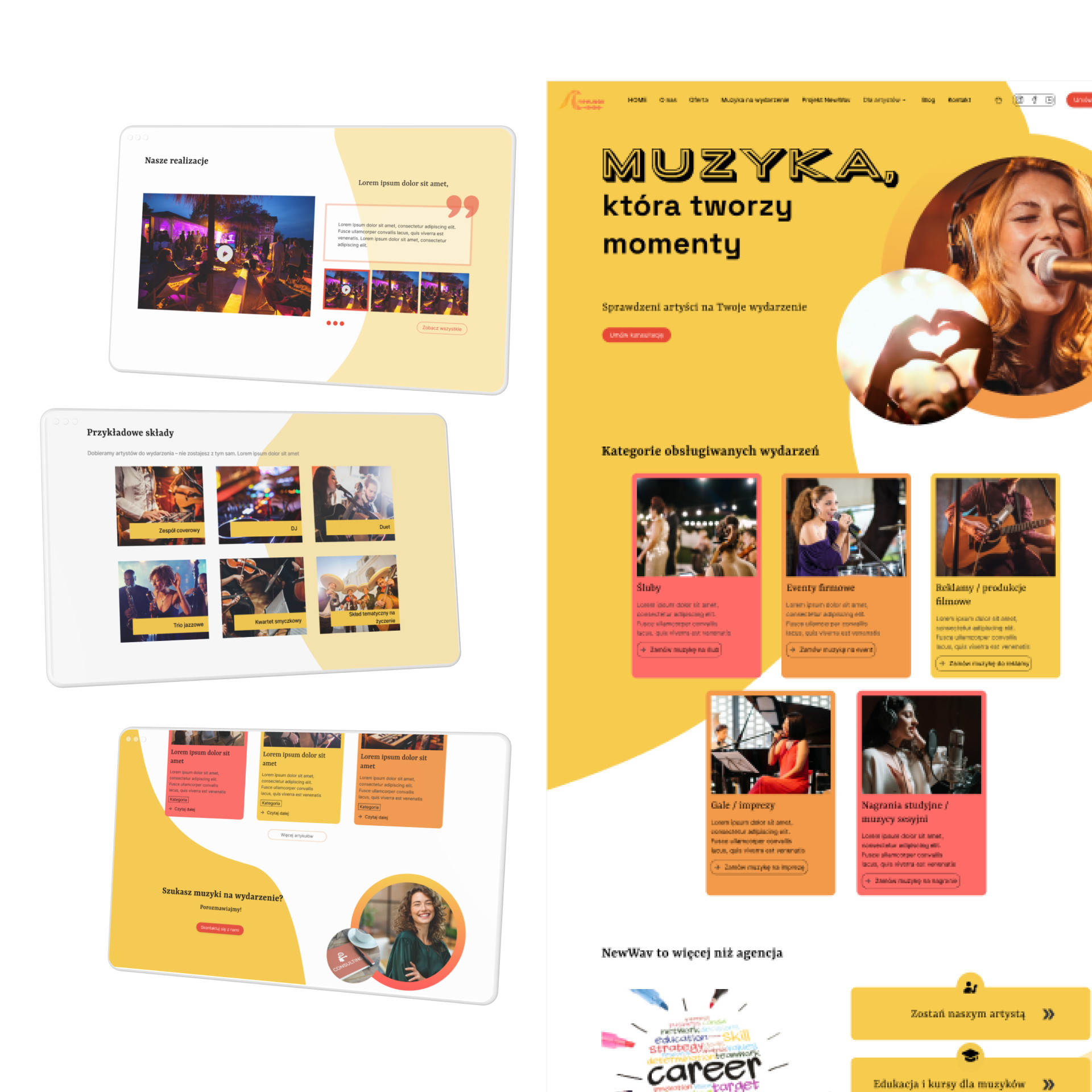 Makieta UX/UI strony internetowej agencji muzycznej New\.Wav – strona główna z kategoriami wydarzeń, przykładami składów i sekcją realizacji.