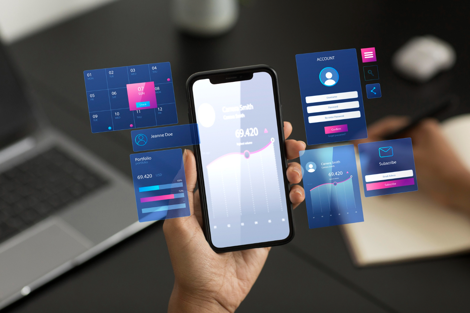 Dłoń trzyma smartfon z prototypem mobilnym; wokół ekranu unoszą się panele UI (kalendarz, logowanie, wykresy) — Makieta Aplikacji w procesie Makieta UX/UI.