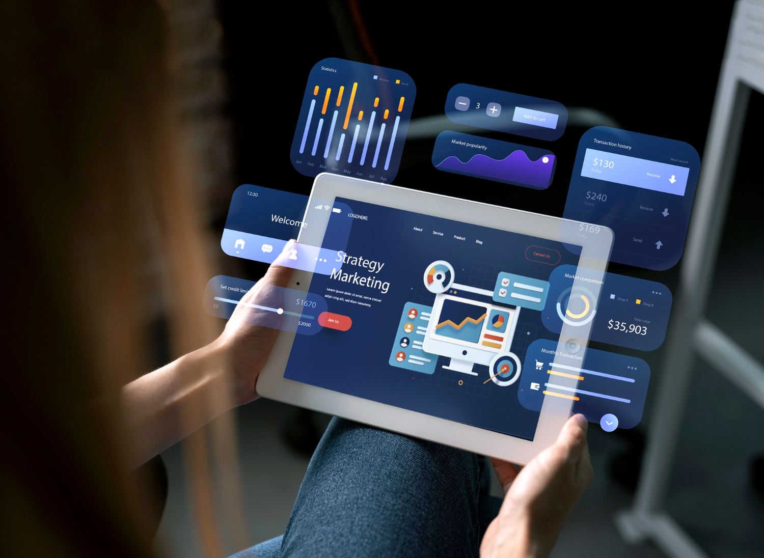 Tablet z dashboardem „Strategy Marketing”; wokół unoszą się widżety interfejsu — wizualizacja pracy nad makietą aplikacji (Makieta UX/UI) przed wdrożeniem.