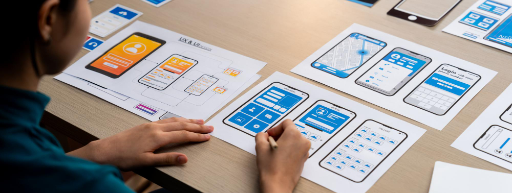 Projektant pracujący nad makietą UX/UI aplikacji mobilnej w wersji papierowej.