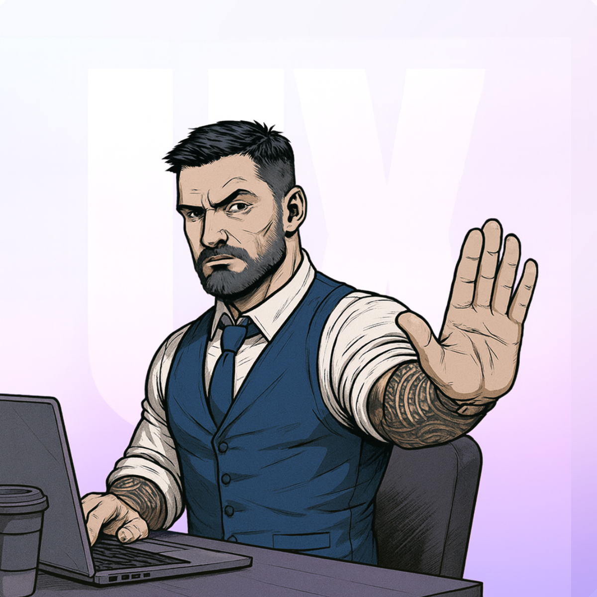 Ilustracja projektanta UX przy laptopie, pokazującego gest stop – symbol presji na jakość i odpowiedzialności w outsourcingu.