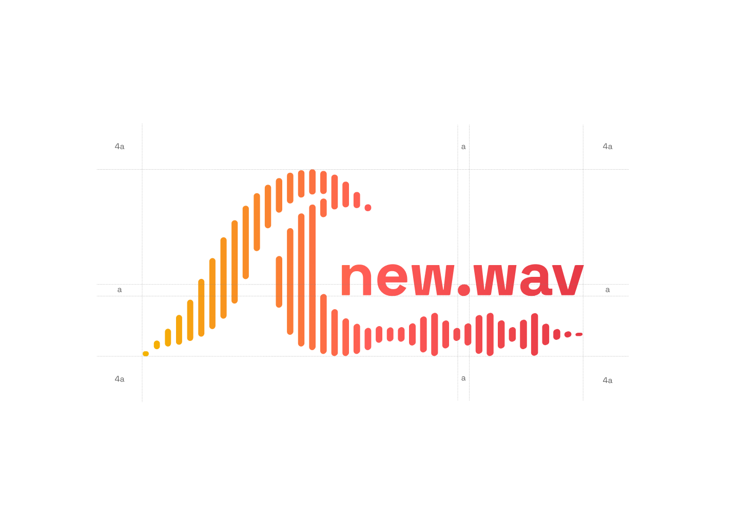 Projekt logo New.wav – dynamiczna fala dźwiękowa w gradiencie od pomarańczu do czerwieni, połączona z nazwą marki. Logo agencji muzycznej symbolizuje rytm, energię i nowoczesność, stanowiąc fundament identyfikacji wizualnej w materiałach online i offline.