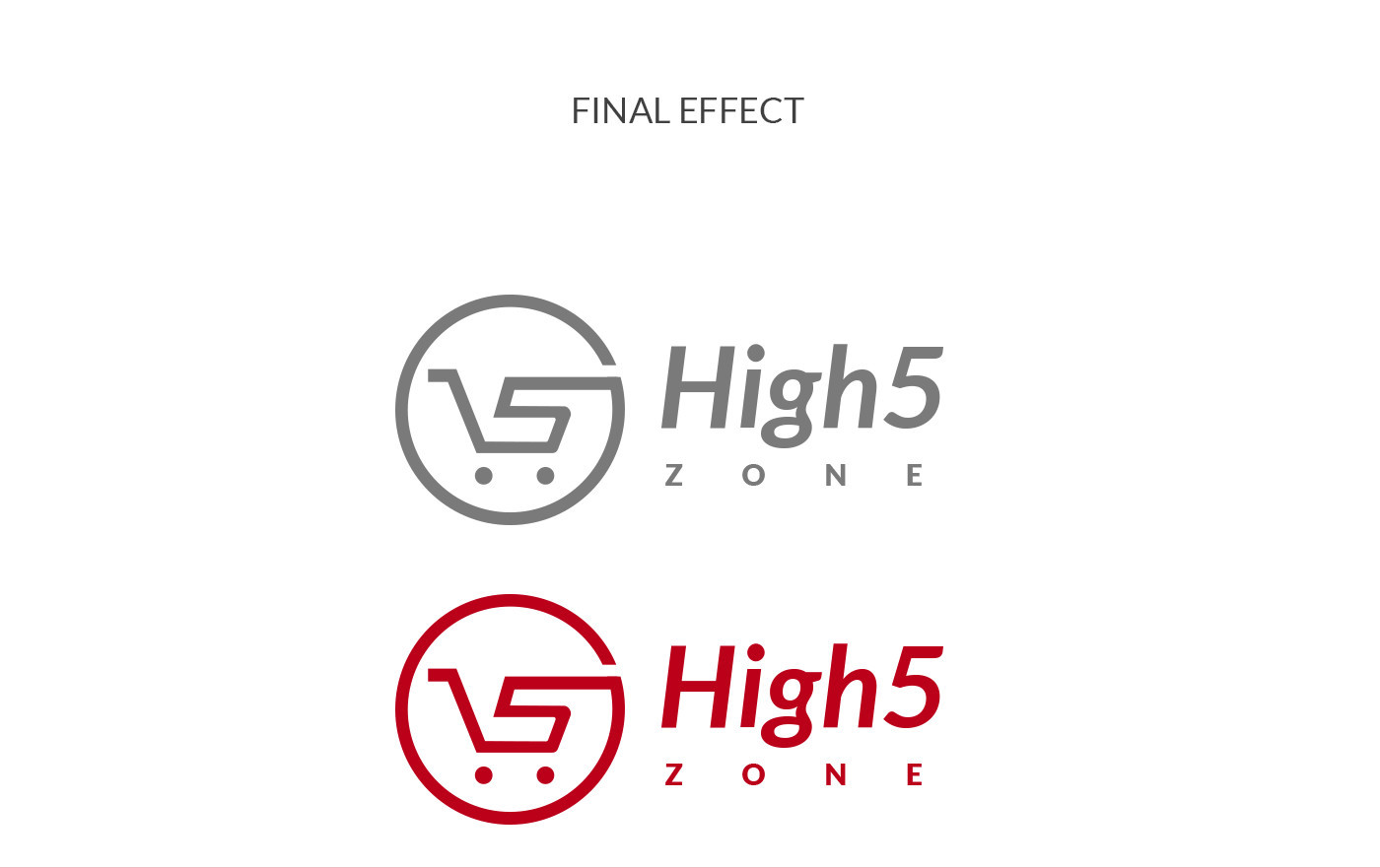 Finalny efekt projektu logo High5 Zone – identyfikacja wizualna startupu w dwóch wariantach kolorystycznych: szarości i czerwieni, z symbolem koszyka oraz nazwą firmy.