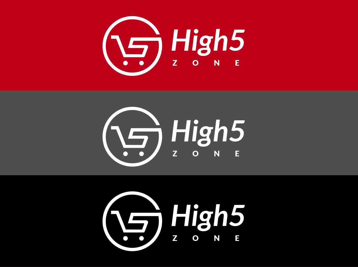 Logo High5 Zone w trzech wariantach kolorystycznych – czerwonym, szarym i czarnym. Spójna identyfikacja wizualna dla startupu, zapewniająca czytelność i rozpoznawalność marki w różnych kontekstach.