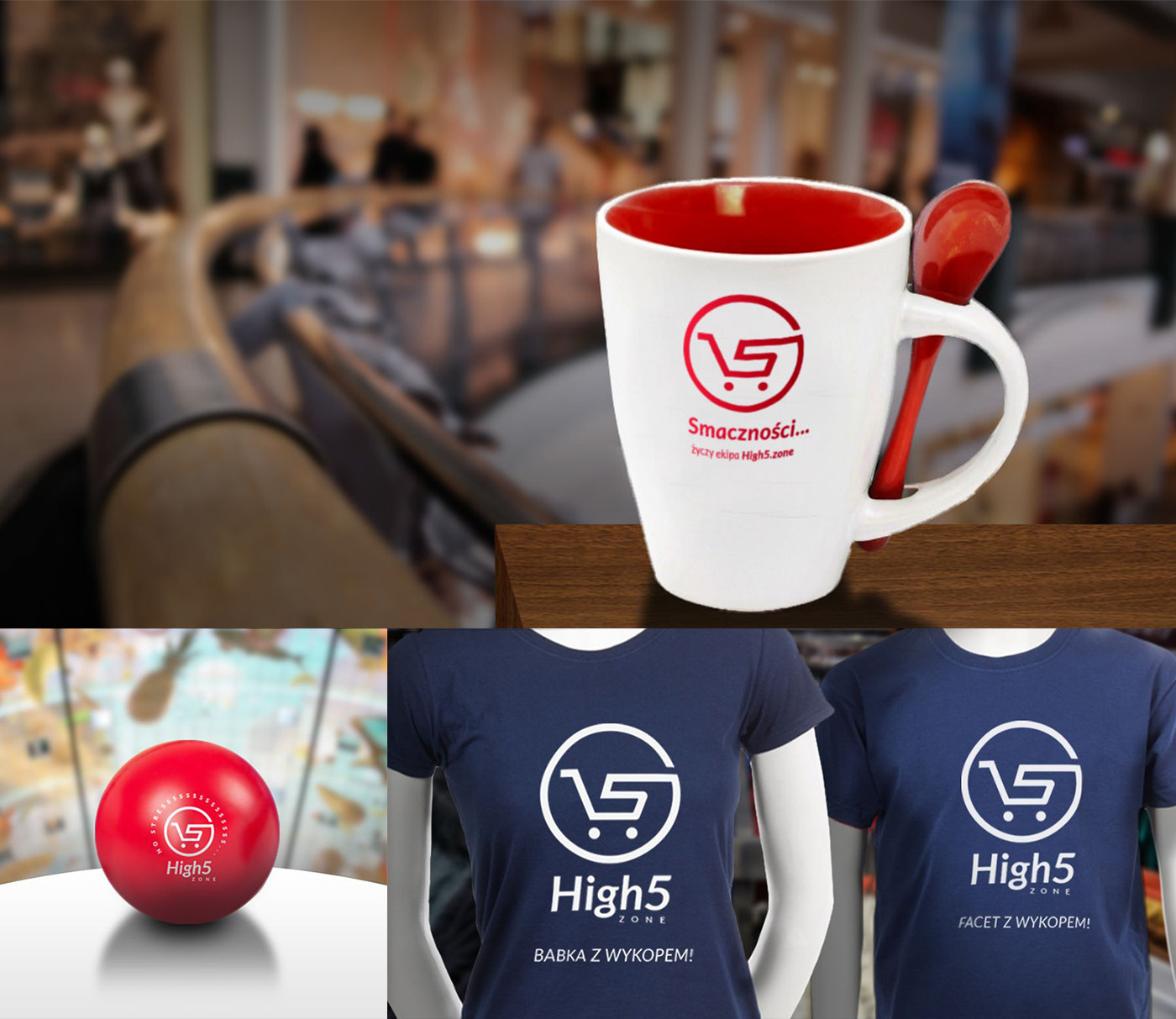 Materiały promocyjne High5 Zone z logo wózka zakupowego: kubek z nadrukiem, piłka reklamowa oraz koszulki. Przykład spójnej identyfikacji wizualnej dla startupu, wspierającej rozpoznawalność marki.