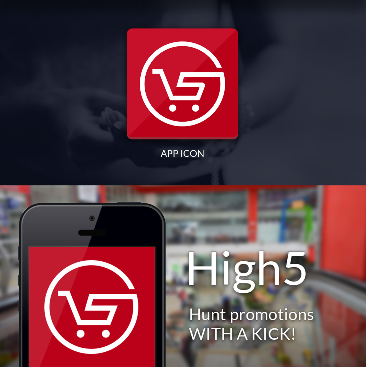 Ikona aplikacji High5 Zone w czerwonym kwadracie z białym logotypem wózka zakupowego w okręgu, zaprezentowana na ciemnym tle oraz ekranie smartfona w sklepie. Projekt logo i identyfikacja wizualna dla startupu, wspierająca rozpoznawalność w e-commerce.