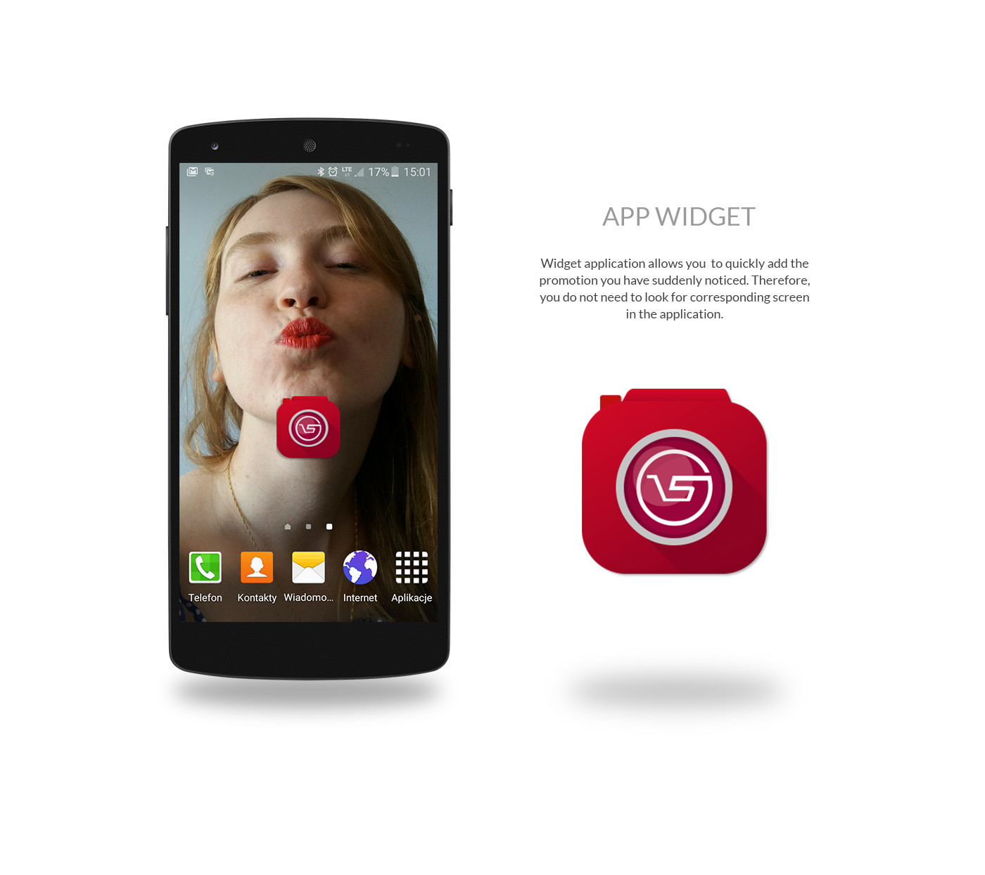 Widok widgetu aplikacji High5 Zone na smartfonie z ikoną czerwonego logo wózka zakupowego. Projekt logo i identyfikacja wizualna dla startupu ułatwiającego szybkie dodawanie promocji.