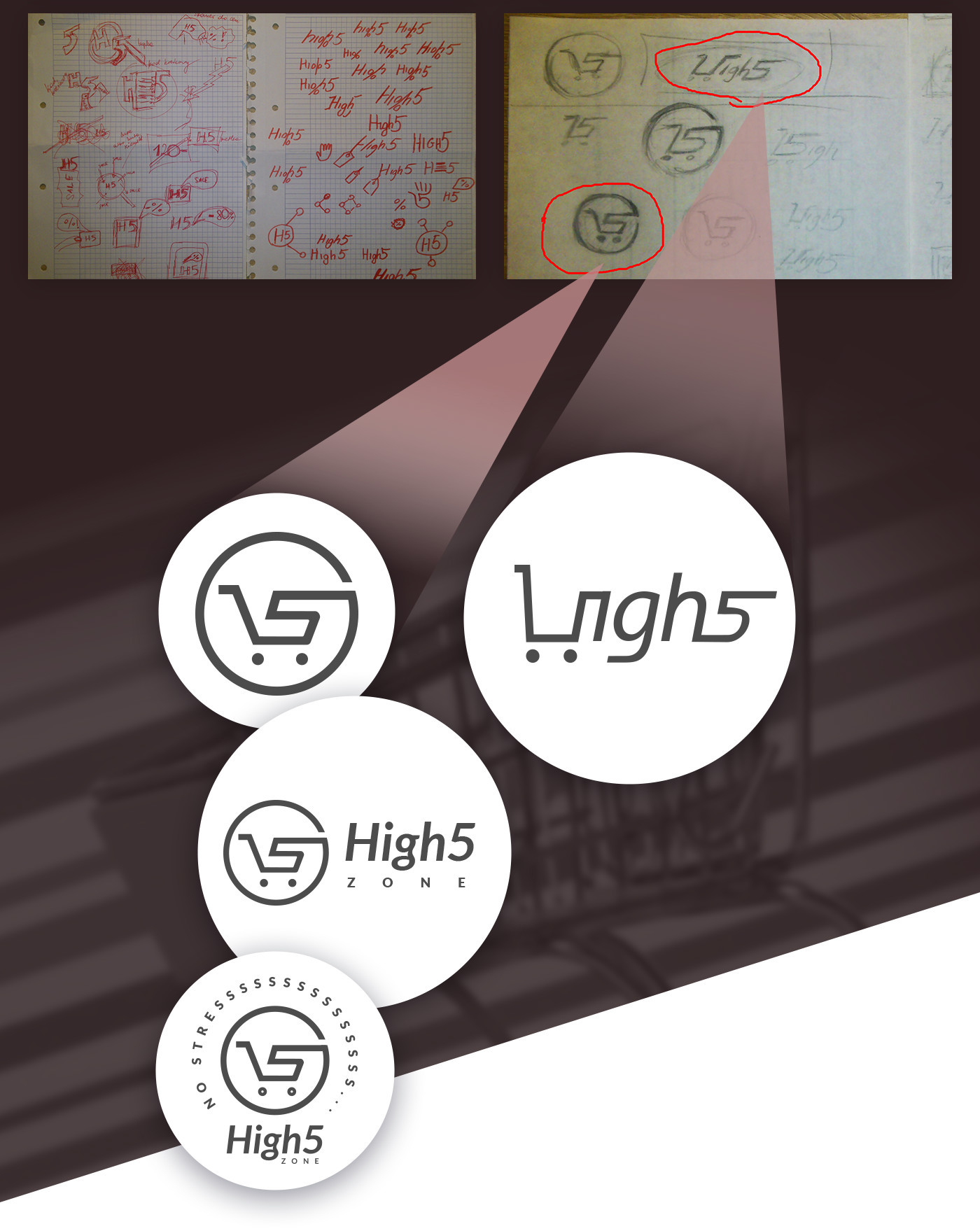 Koncepcje projektowania logo High5 Zone – szkice ręczne i cyfrowe warianty identyfikacji wizualnej startupu, rozwój znaku w formie koszyka z literą H5.
