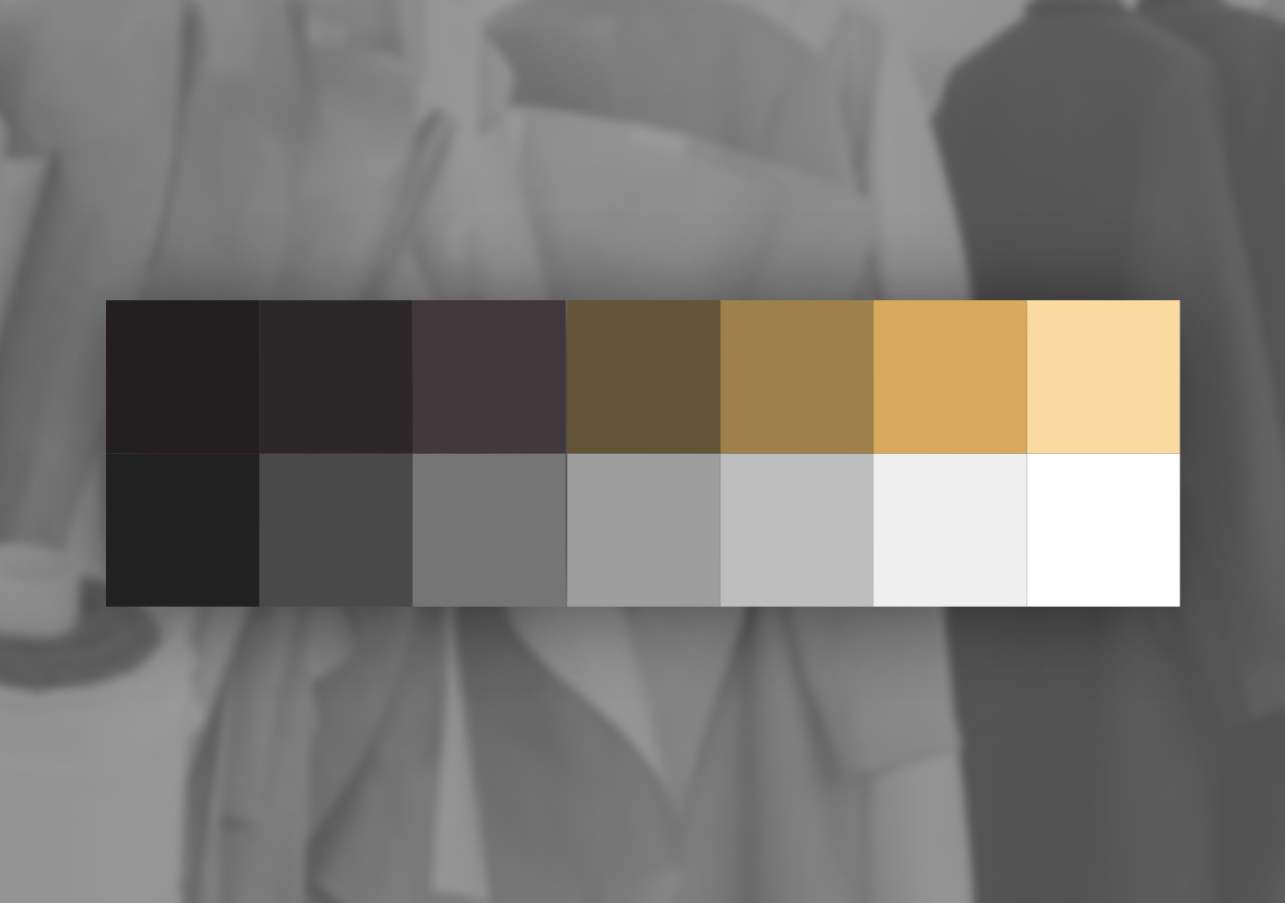 Paleta kolorów projektu logo Outletando – zestaw odcieni czerni, szarości, brązu, złota i bieli, tworzących spójną identyfikację wizualną sklepu internetowego z odzieżą outlet.