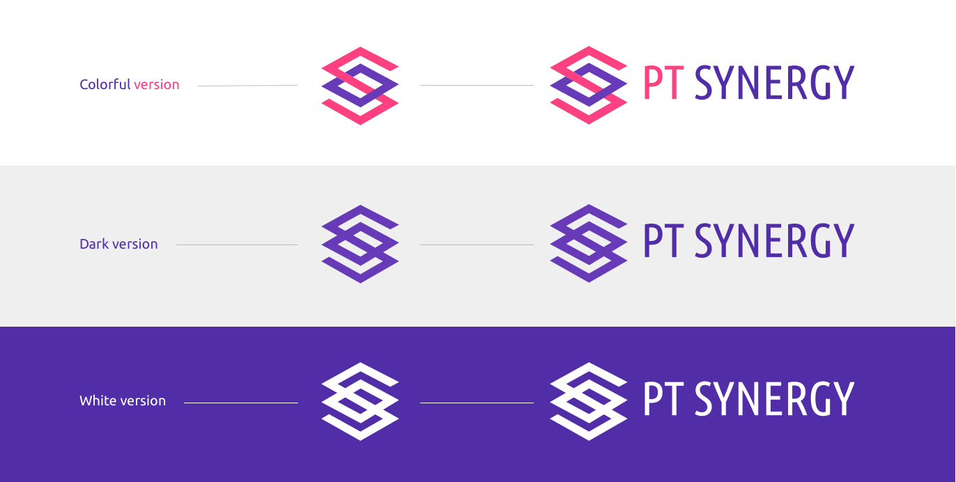 Logo PT Synergy występuje w trzech wersjach: **kolorowej, ciemnej i białej**. Dzięki temu identyfikacja wizualna agencji UX/UI zachowuje spójność i czytelność w różnych kontekstach – od materiałów drukowanych po aplikacje cyfrowe.