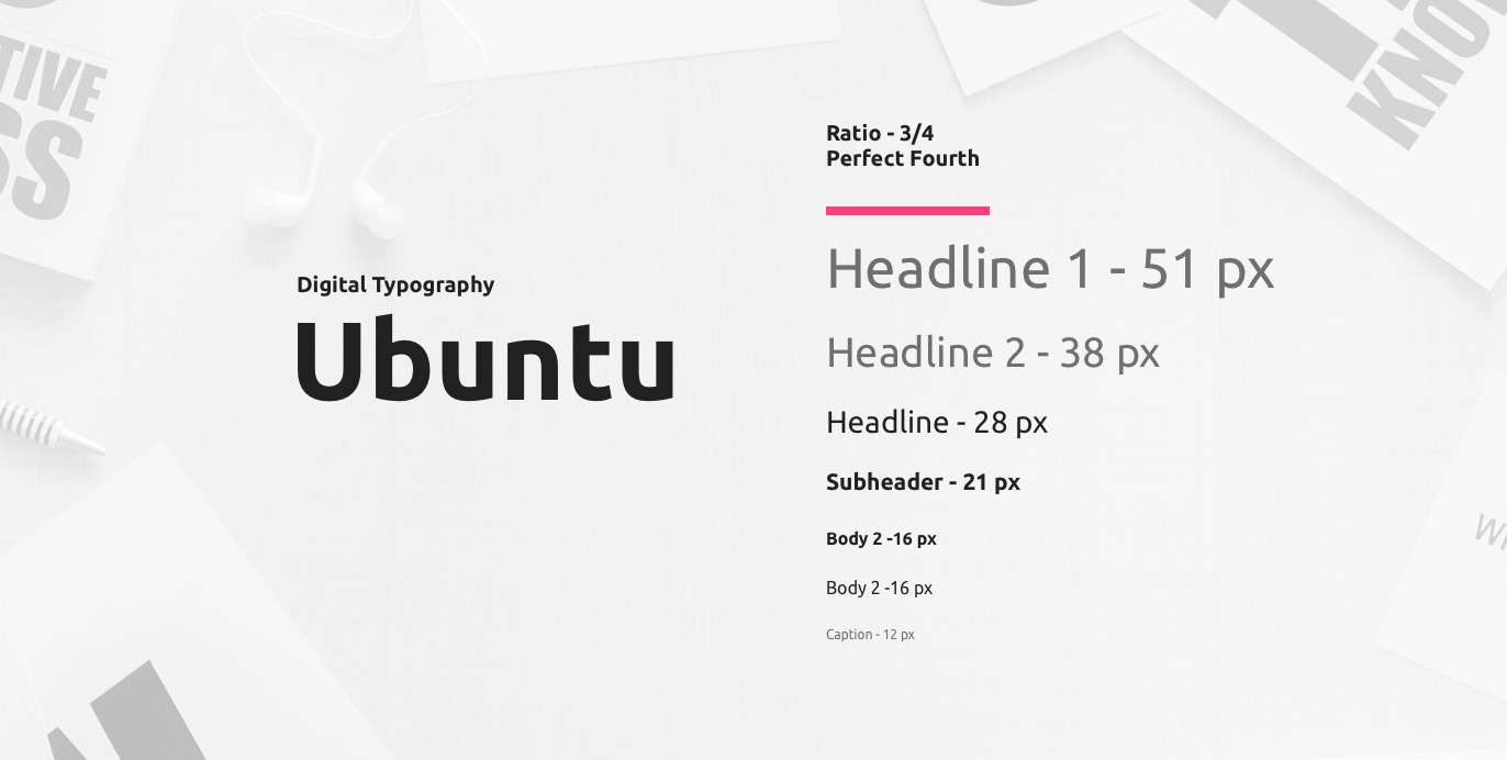 Typografia w identyfikacji wizualnej PT Synergy opiera się na kroju **Ubuntu**, który doskonale współgra z nowoczesnym logo agencji UX/UI. Dzięki hierarchii nagłówków i spójnej skali typograficznej, marka zyskuje przejrzystość i profesjonalny charakter.
