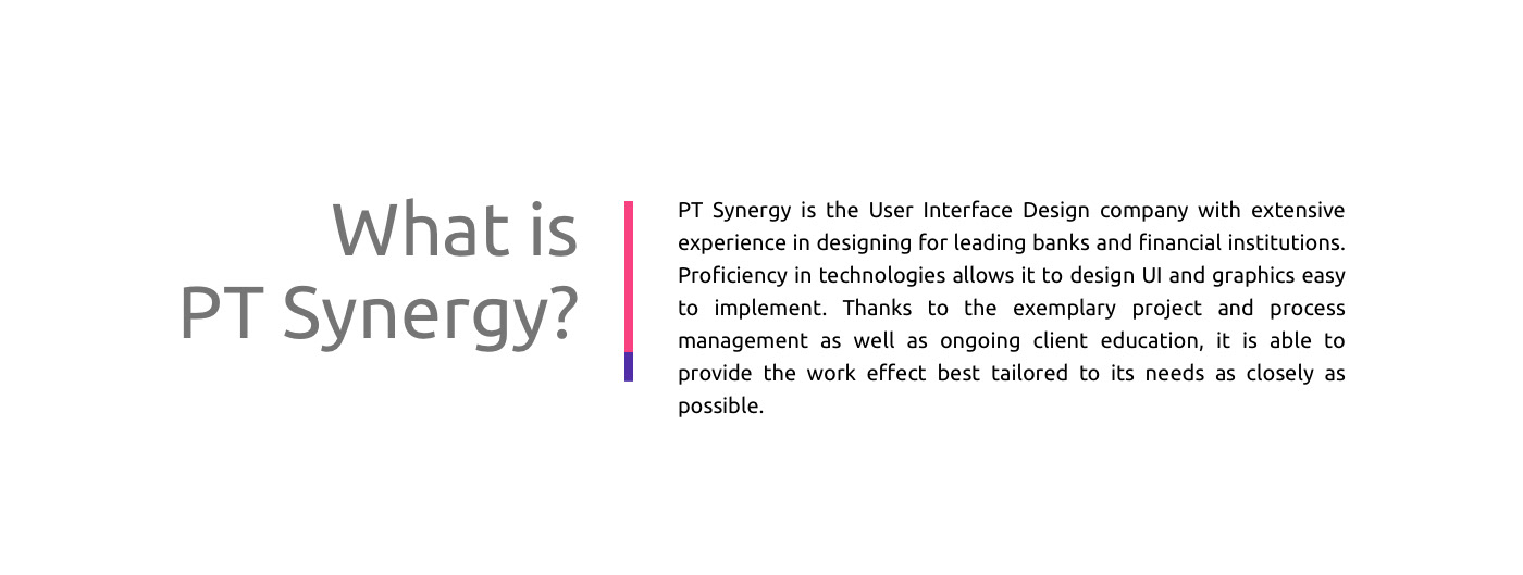 „What is PT Synergy?” – prezentacja agencji UX/UI zajmującej się projektowaniem interfejsów dla banków i instytucji finansowych, doświadczenie w UI Design, procesy zarządzania projektami i edukacja klientów.