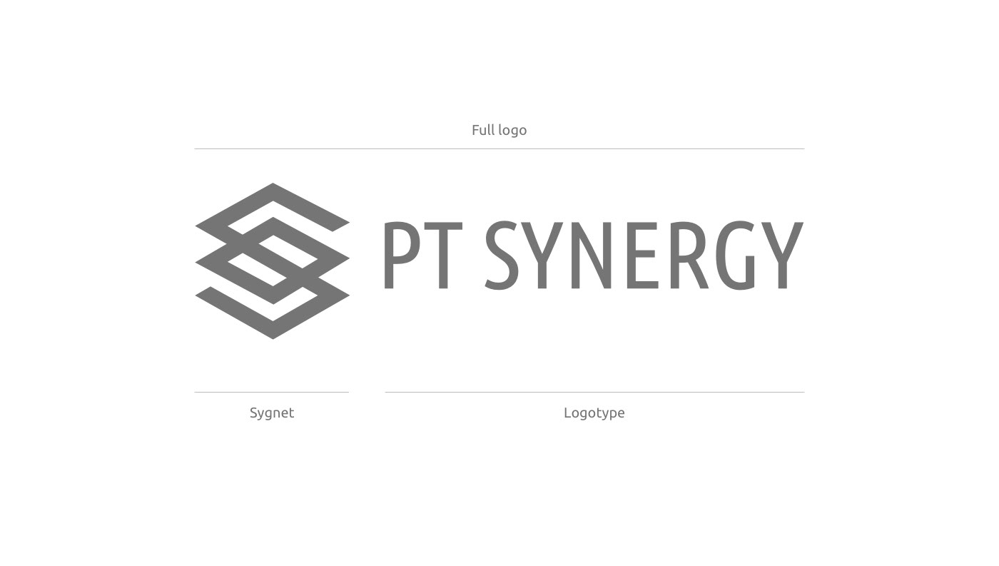 „Full logo” – logo PT Synergy składa się z **sygnetu** opartego na geometrycznych formach oraz **logotypu** w czytelnej typografii. Połączenie tych dwóch elementów tworzy spójną i nowoczesną identyfikację wizualną marki.