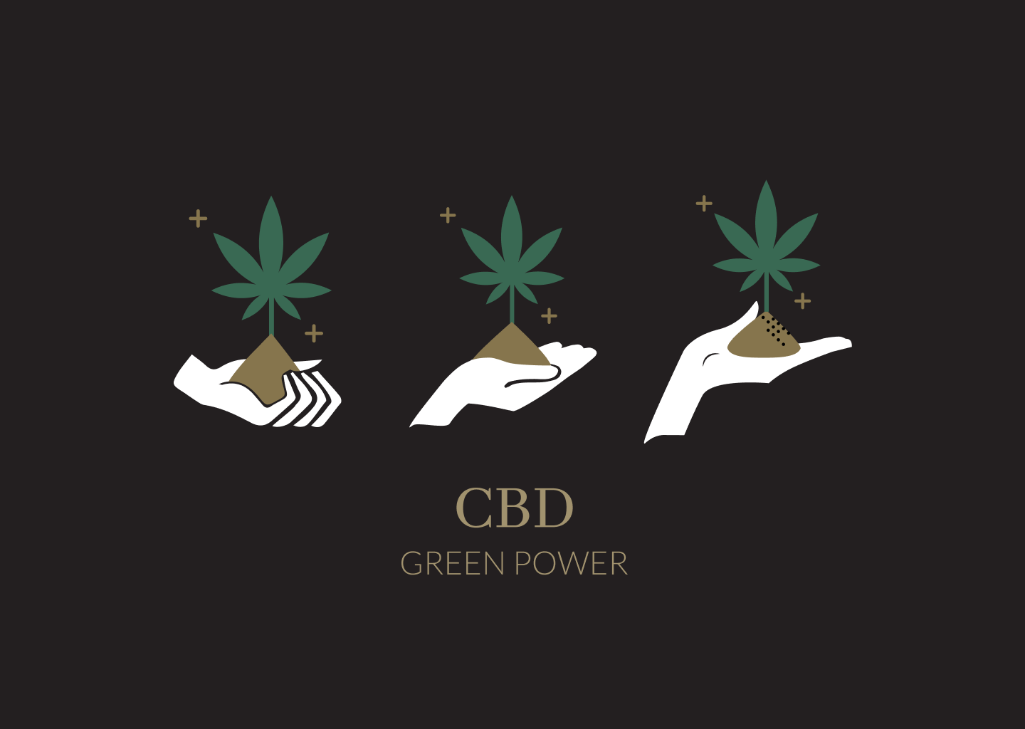 Projekt logo CBD Green Power – trzy warianty sygnetu przedstawiające liść konopi w dłoni, symbolizujące naturę, troskę i jakość premium. Identyfikacja wizualna w stonowanej kolorystyce zieleni, bieli i złota.