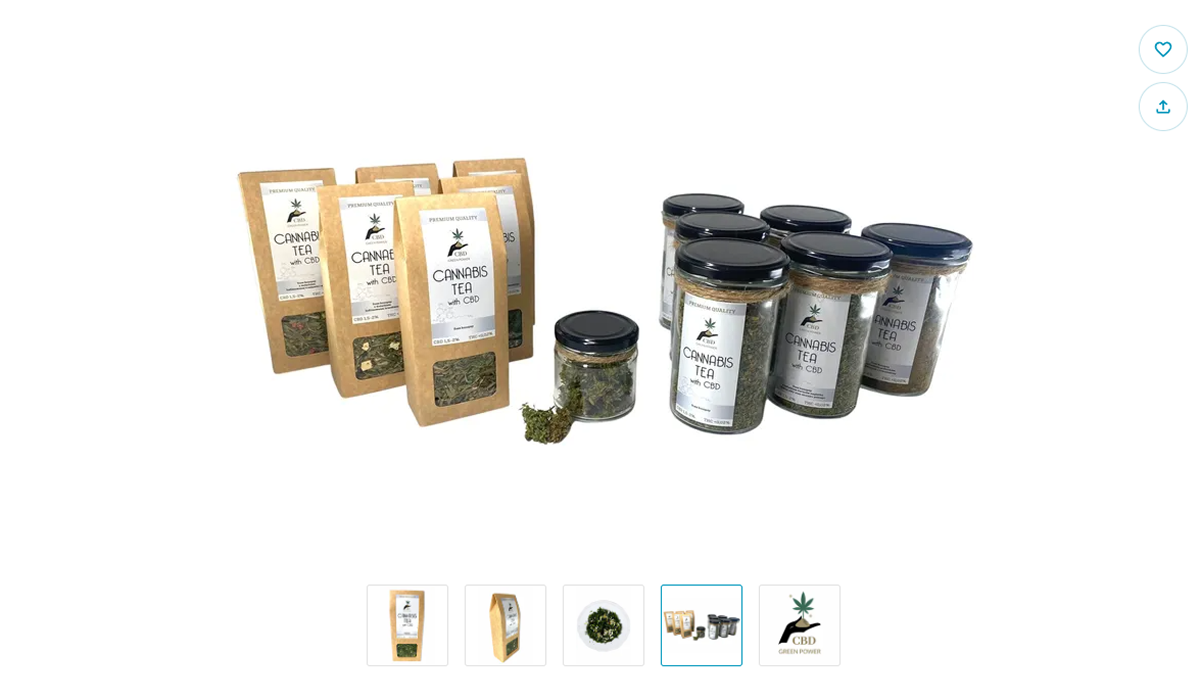 Zestaw opakowań herbaty konopnej Cannabis Tea marki CBD Green Power – papierowe torebki i szklane słoiki z logo firmy.