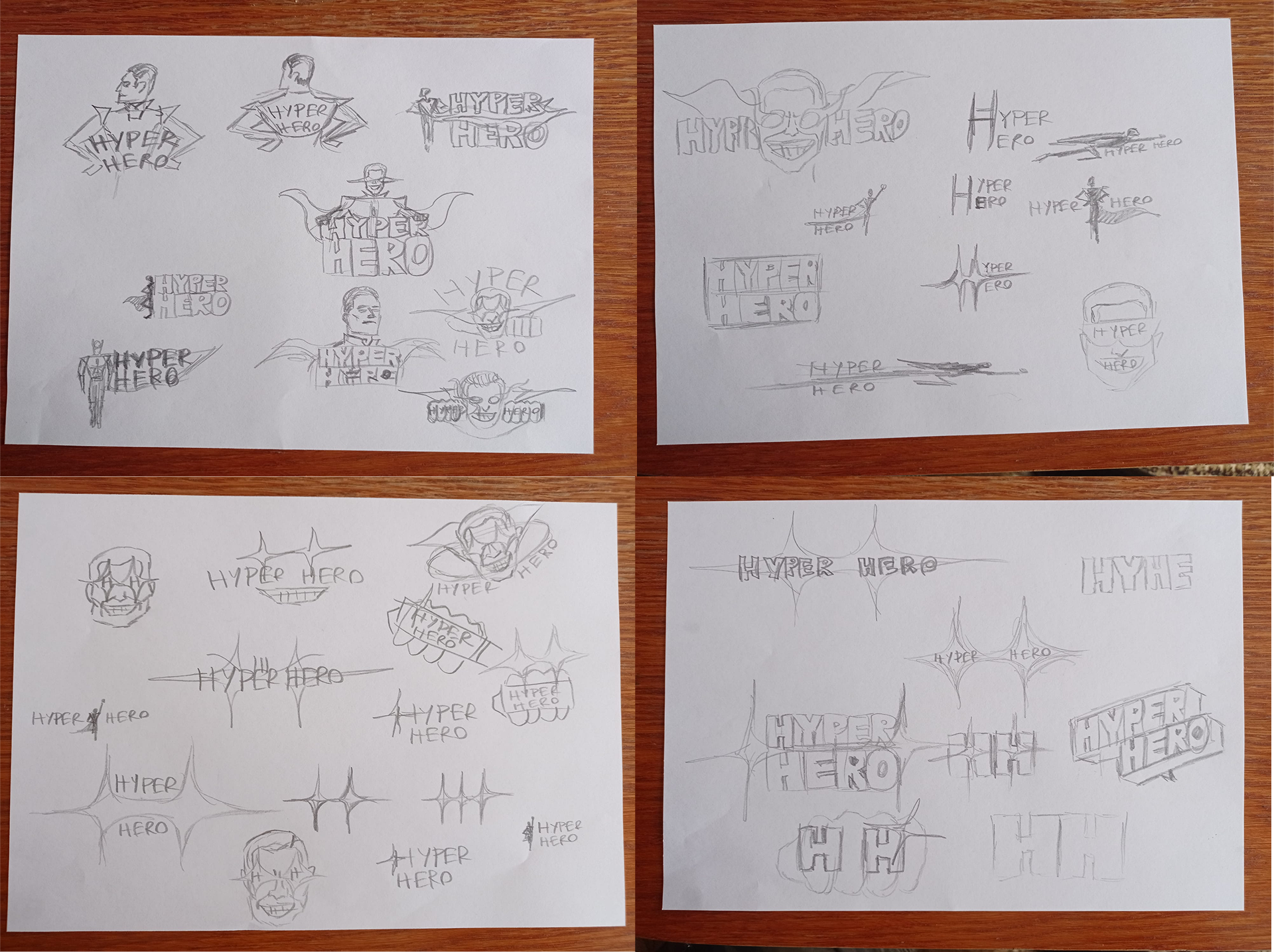 Proces projektowy logo Hyper Hero – szkice i koncepcje znaku, które pokazują drogę od moodboardów i inspiracji po finalną identyfikację wizualną. Projekt logo bazował na wizerunku superbohatera i miał oddawać charakter nowoczesnej agencji marketingowej.
