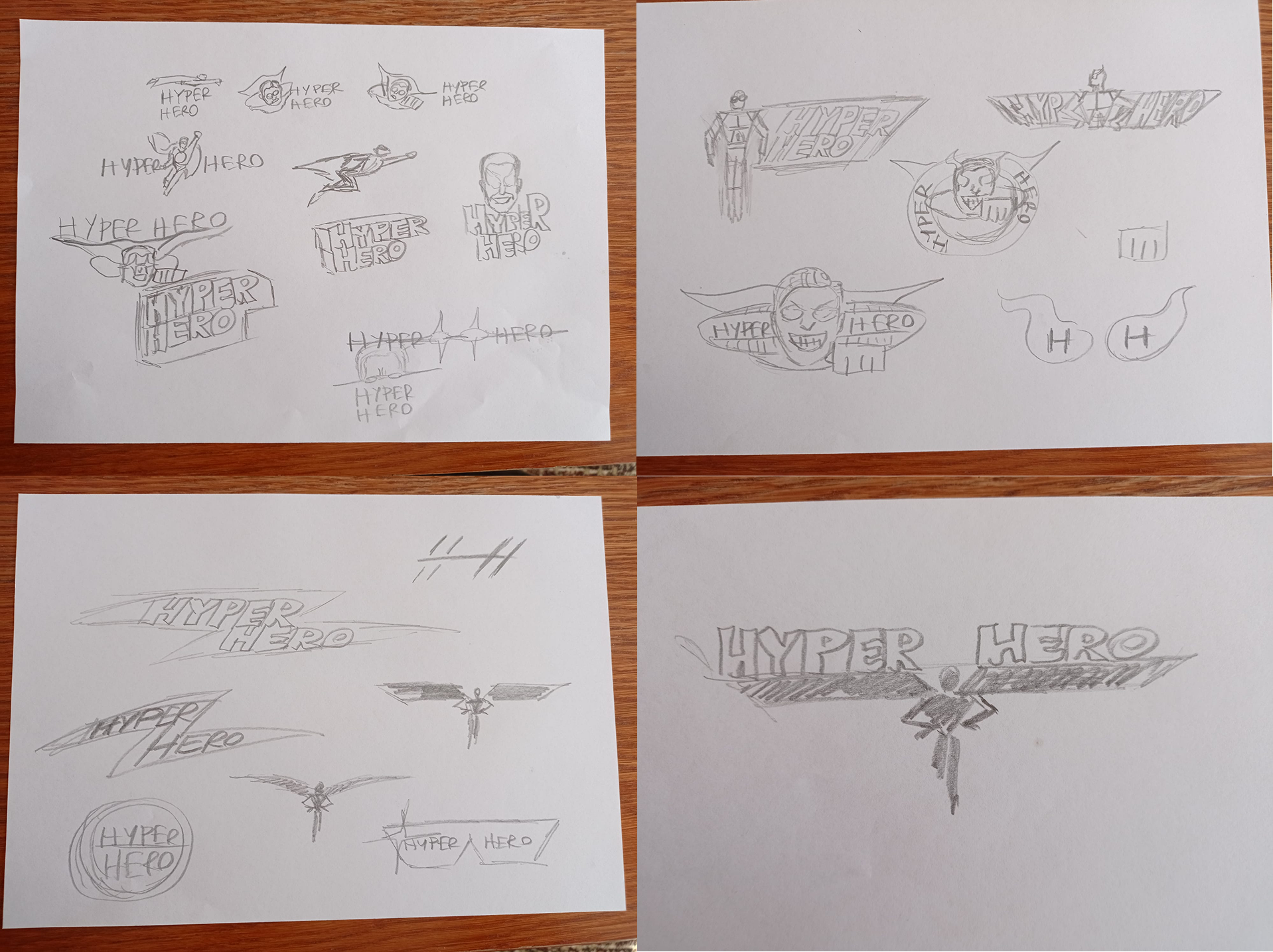 Proces projektowy logo Hyper Hero – szkice i koncepcje znaku, które pokazują drogę od moodboardów i inspiracji po finalną identyfikację wizualną. Projekt logo bazował na wizerunku superbohatera i miał oddawać charakter nowoczesnej agencji marketingowej.