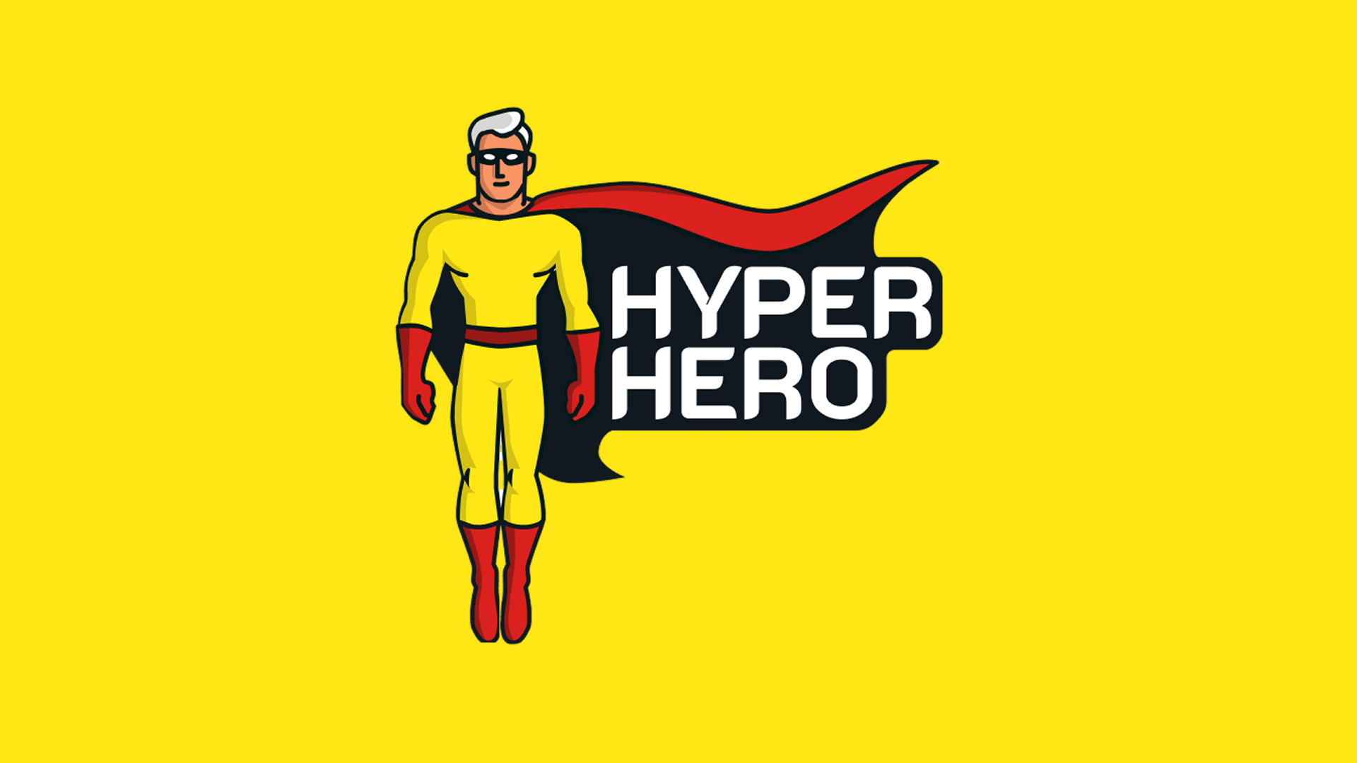 Kolorowa wersja logo Hyper Hero z superbohaterem i napisem na żółtym tle – dynamiczna identyfikacja wizualna dla agencji marketingowej. Projekt logo wykorzystuje kontrastowe barwy, aby wzmocnić branding i przyciągać uwagę odbiorców w internecie i reklamie.