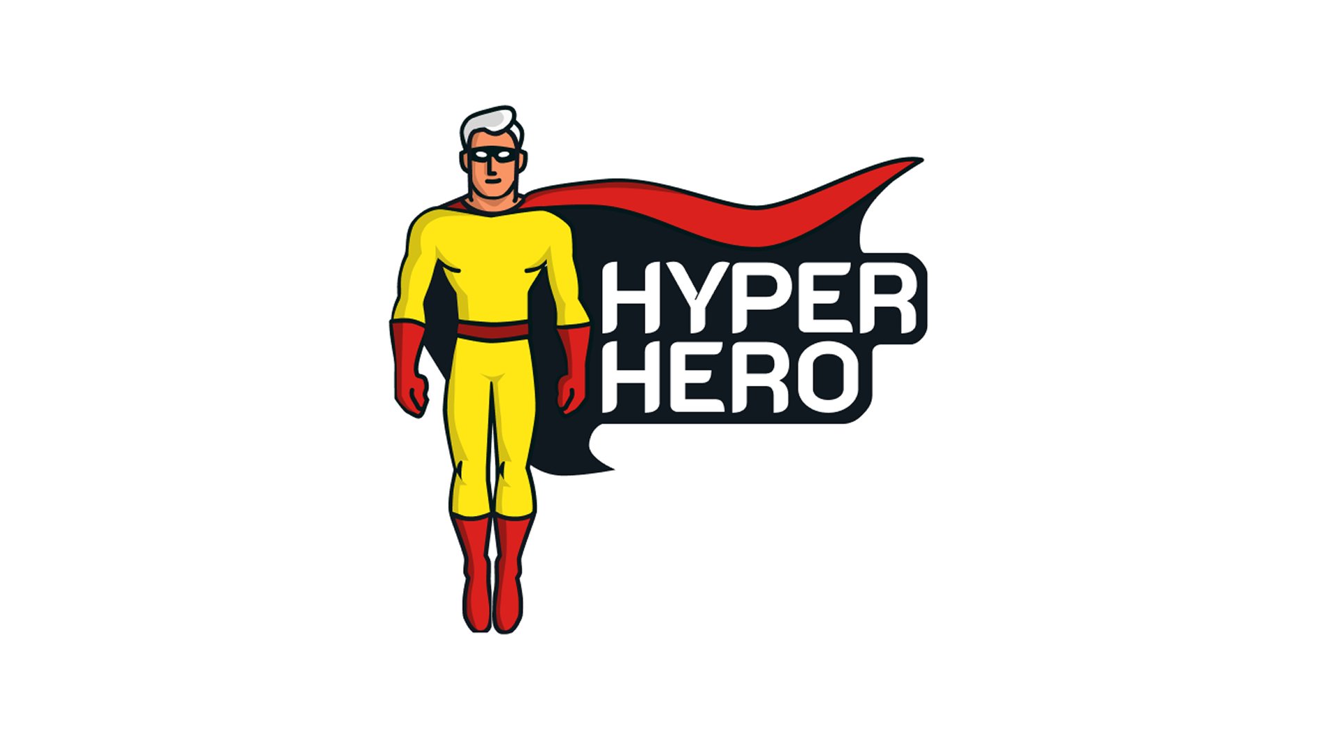 Projekt logo dla agencji marketingowej Hyper Hero – finalna wersja znaku z bohaterem i napisem, przygotowana w ramach kompleksowej identyfikacji wizualnej. Logo przedstawia superbohatera jako personifikację marki, co podkreśla unikalny branding i wyróżnia 