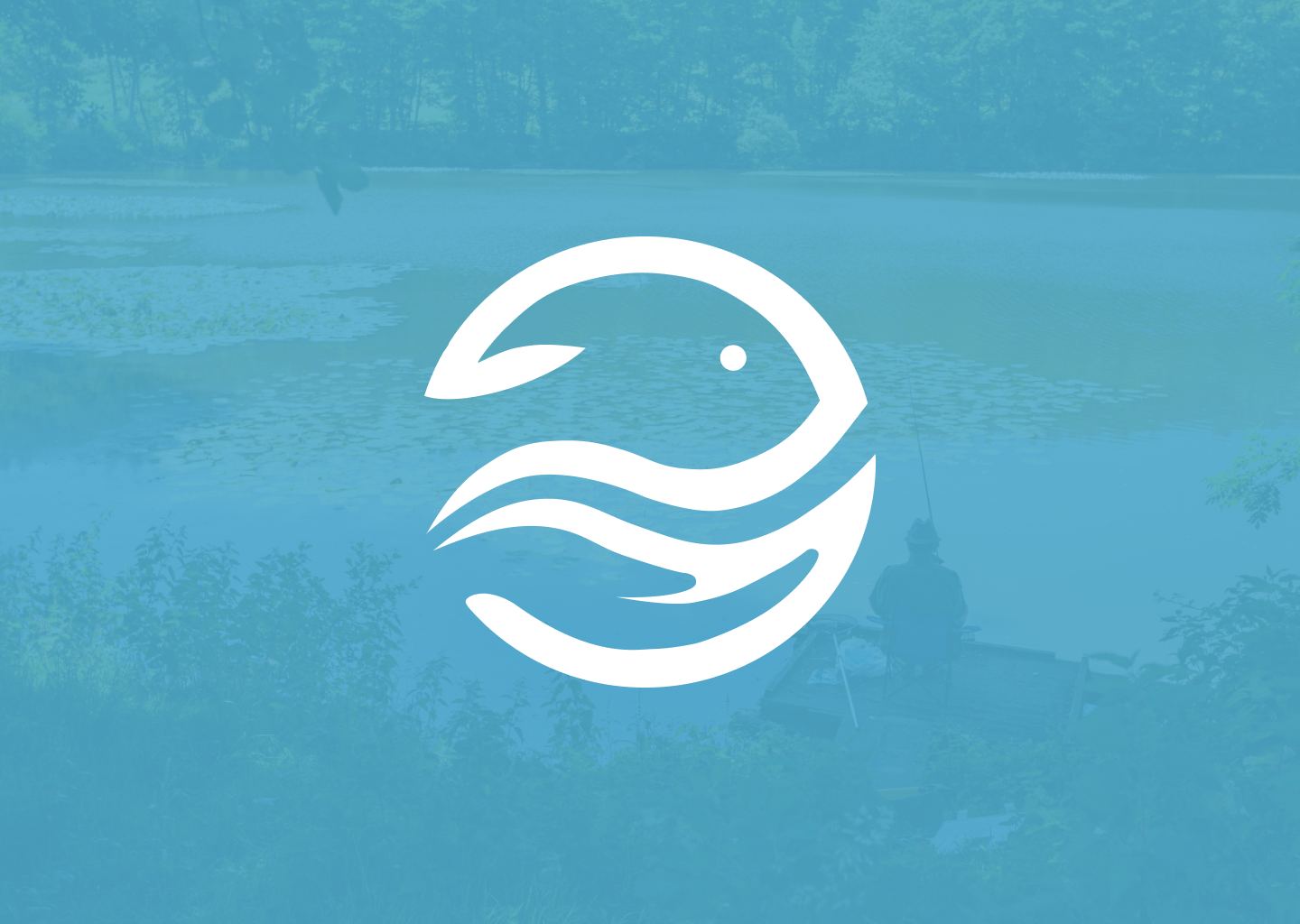 Projekt logo konferencji rybactwa – biały sygnet ryby na turkusowym tle. Logo design, identyfikacja wizualna, profesjonalne logo.